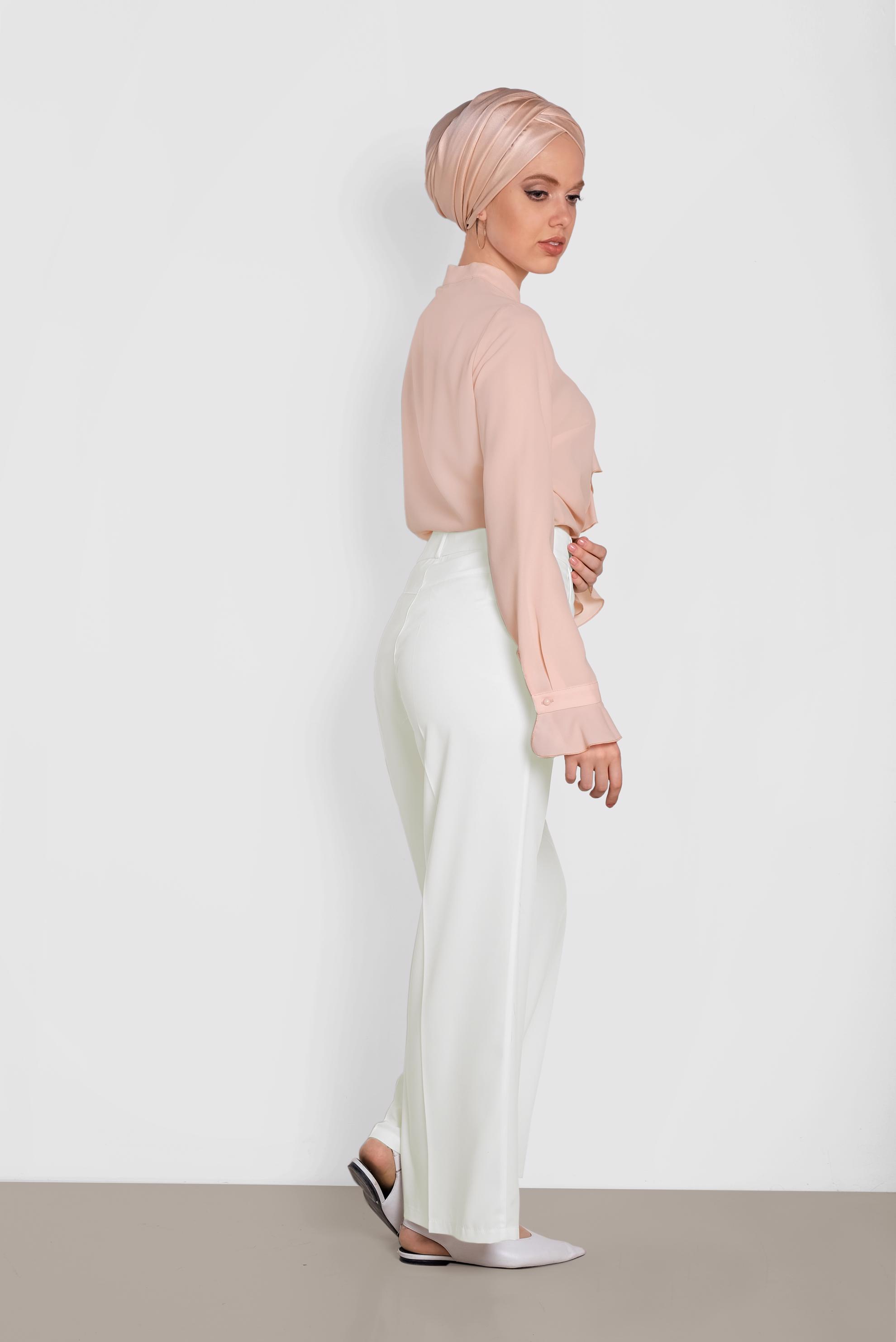 Tesettür giyim BEYAZ BOL PAÇA DÜĞMELİ PANTOLON 7580	