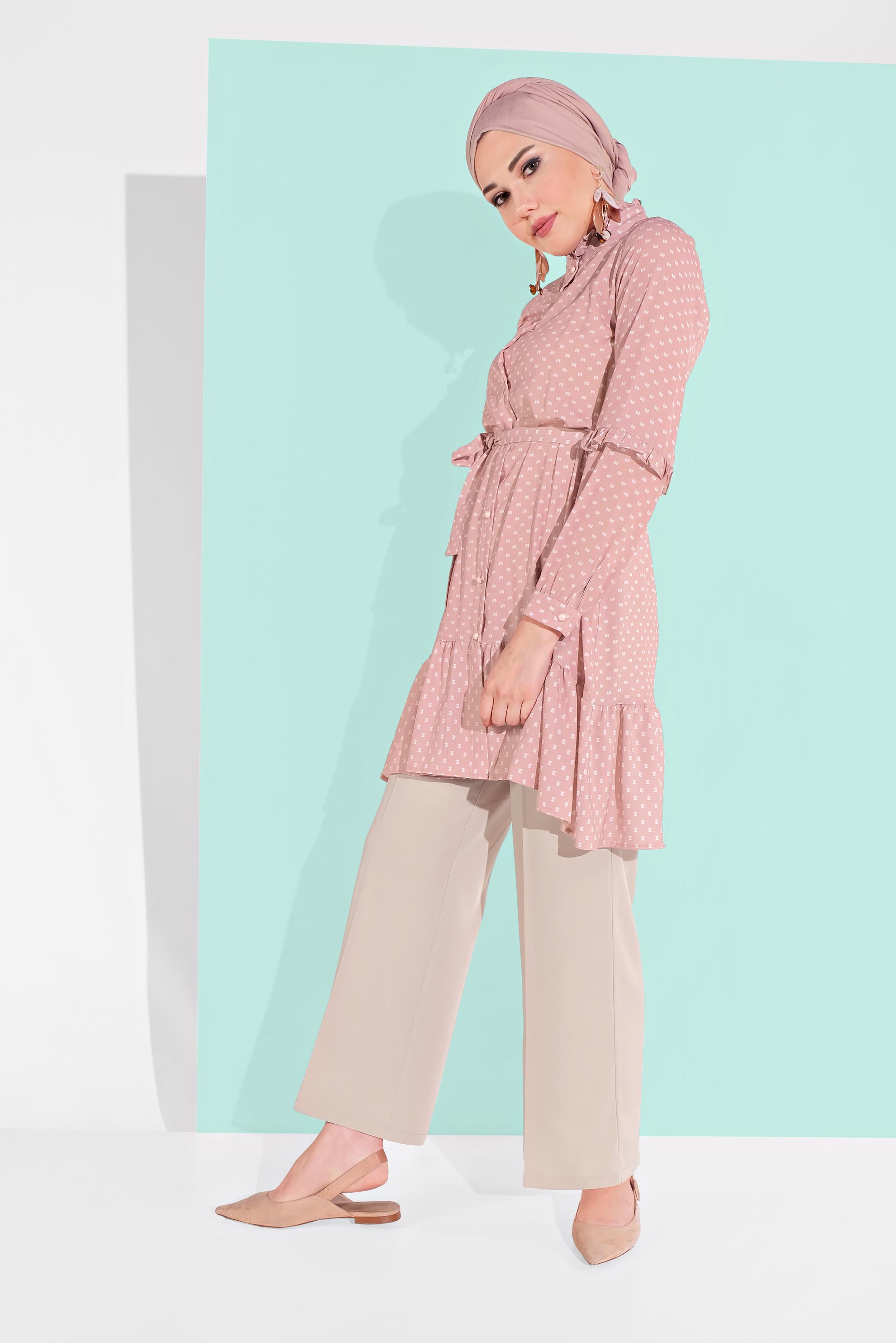 Tesettür giyim PUDRA BOL PAÇA DÜĞMELİ PANTOLON 7580	