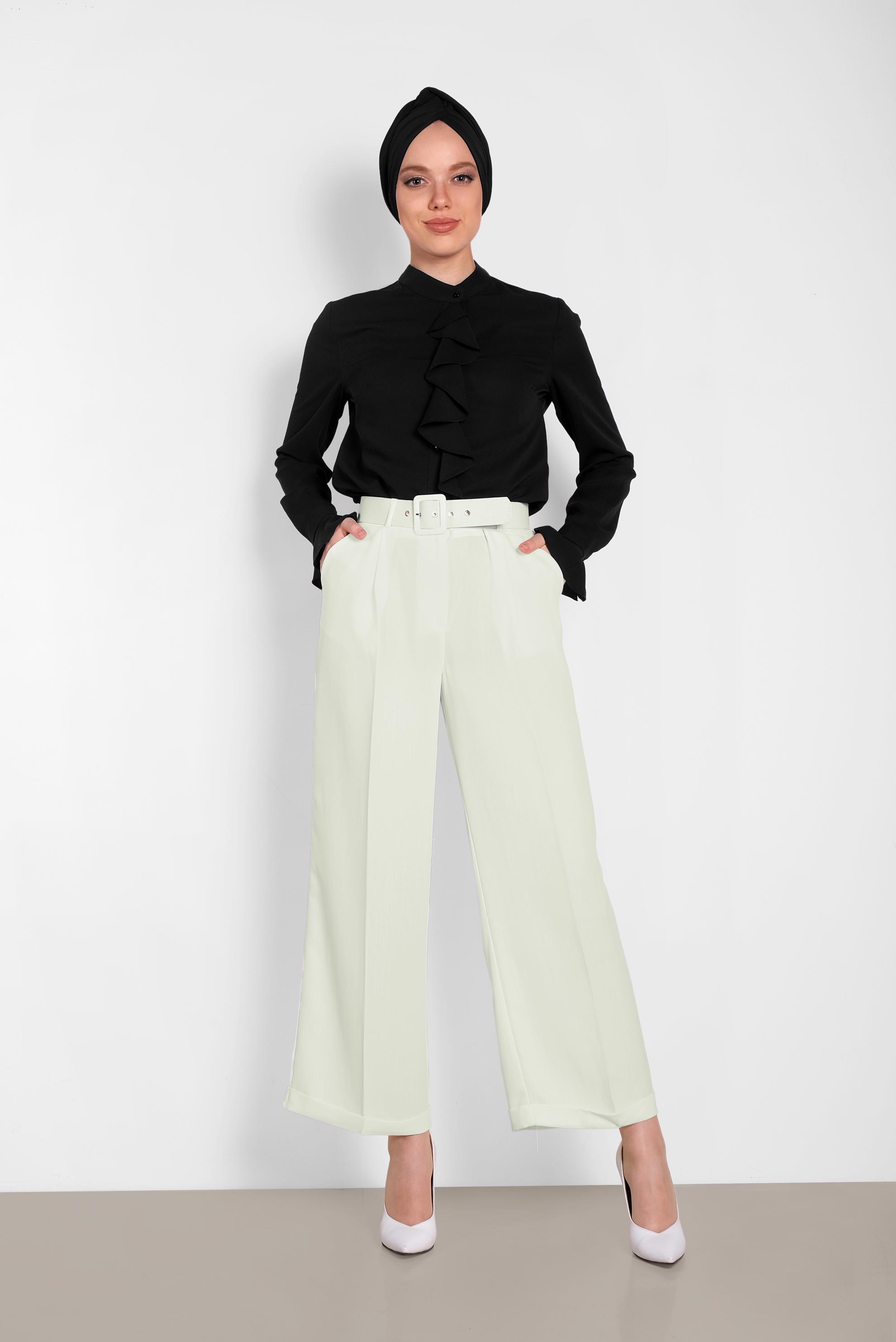 Tesettür giyim BEYAZ GENİŞ PAÇA PANTOLON 7581 