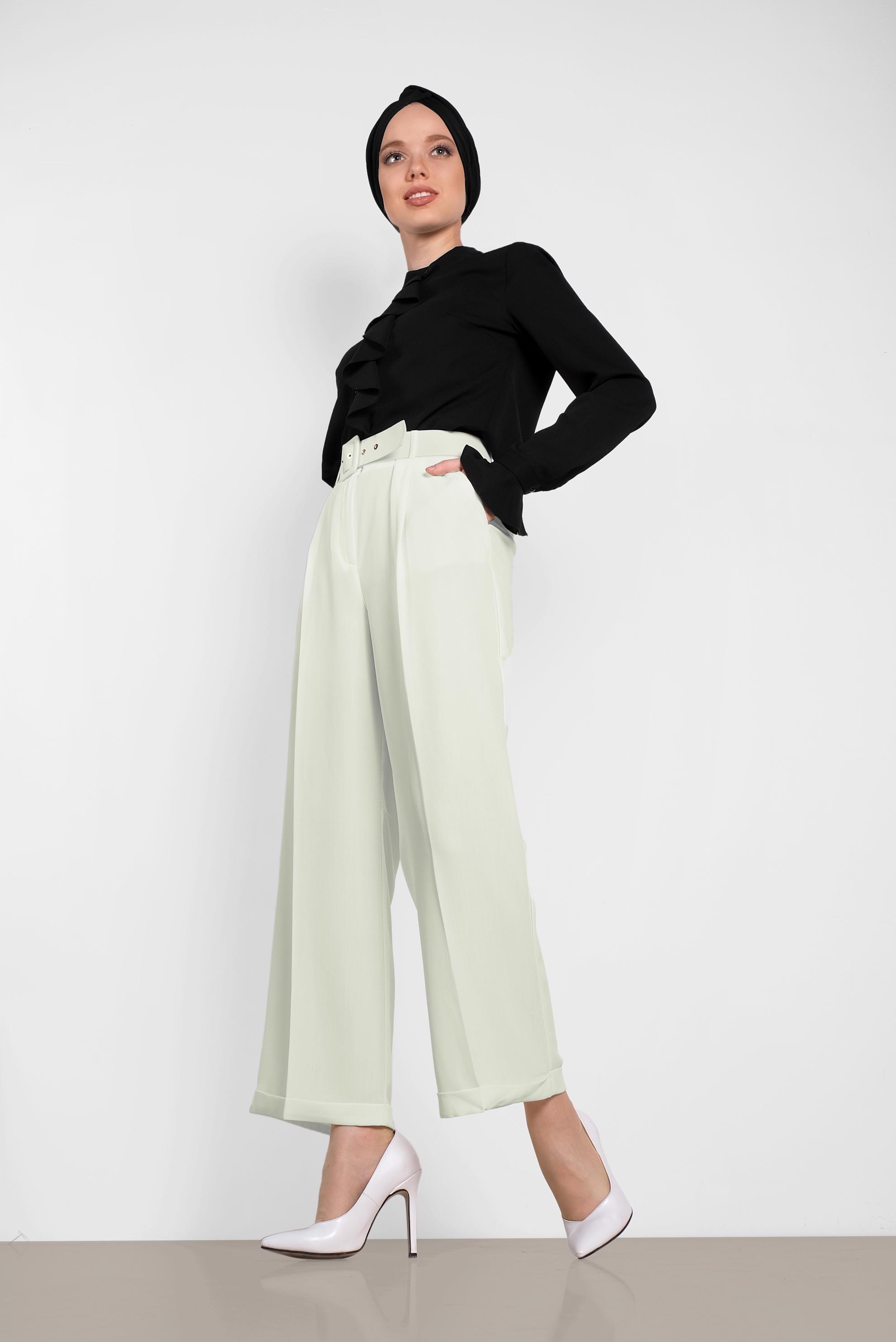 Tesettür giyim BEYAZ GENİŞ PAÇA PANTOLON 7581 