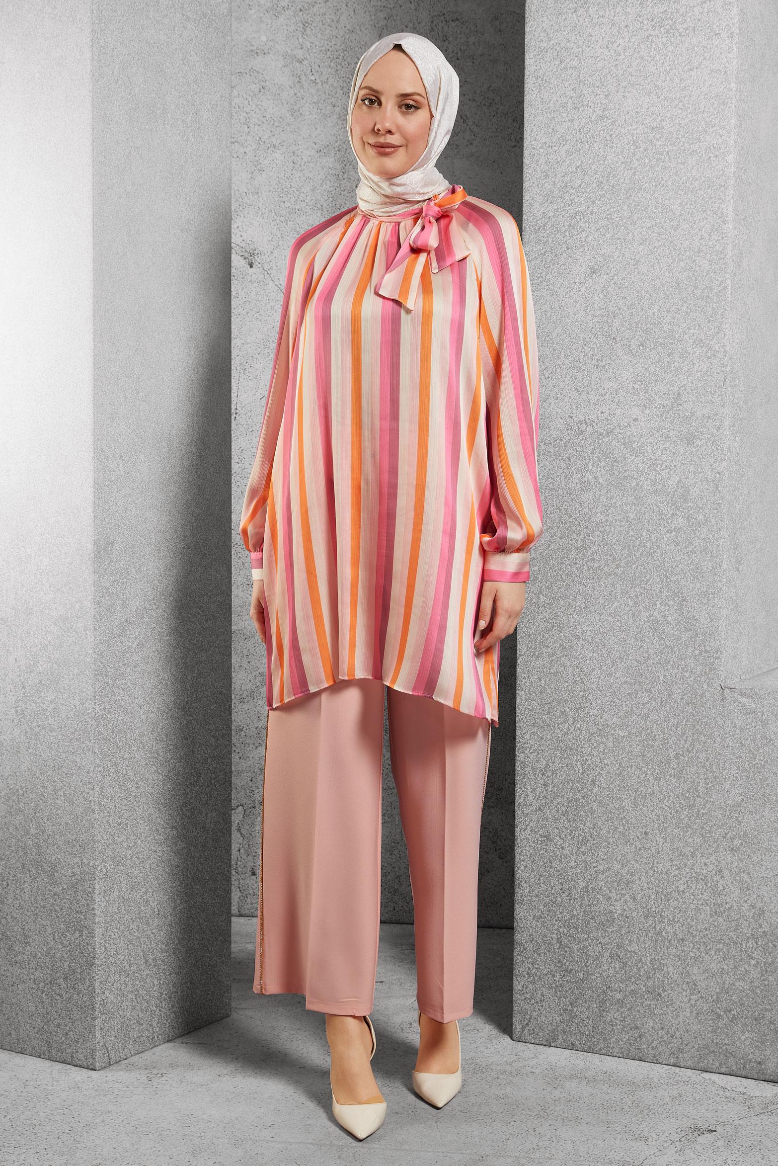 Tesettür giyim PEMBE YÜKSEK BEL BOL PANTOLON 7582 