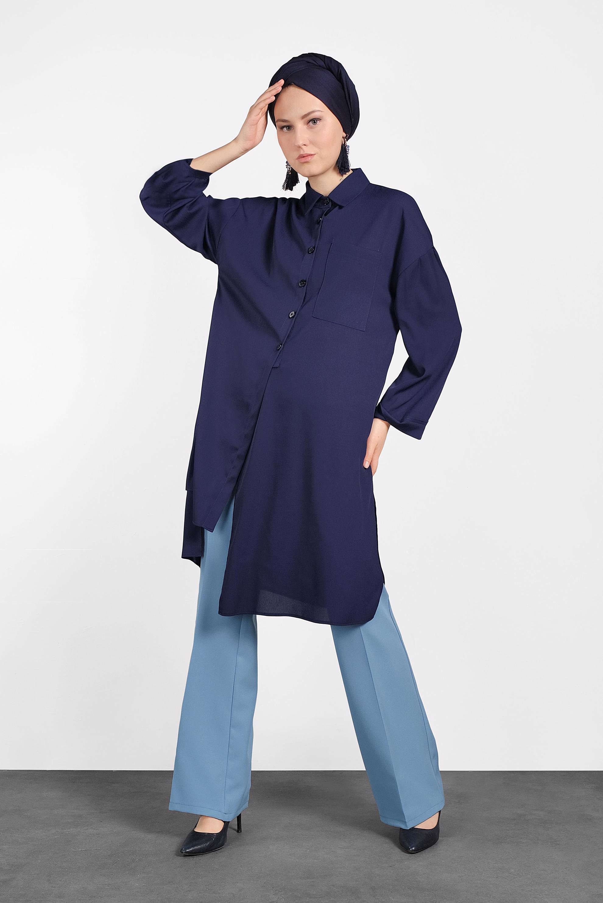 Tesettür giyim MAVİ DÜĞMELİ GENİŞ PAÇA PANTOLON 7585