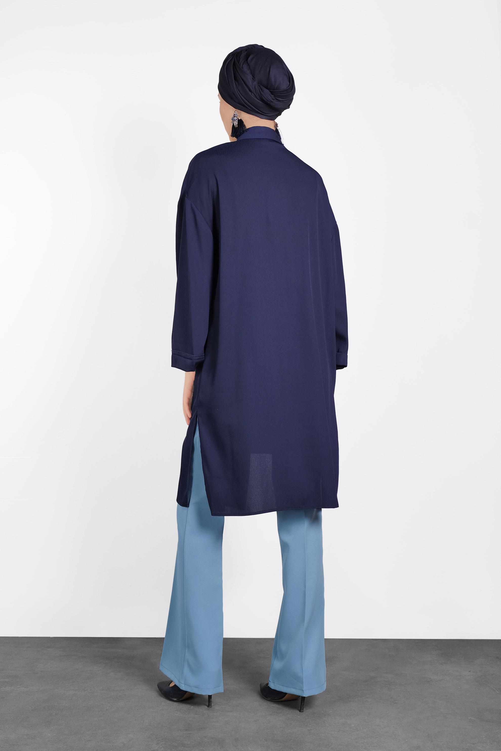 Tesettür giyim MAVİ DÜĞMELİ GENİŞ PAÇA PANTOLON 7585
