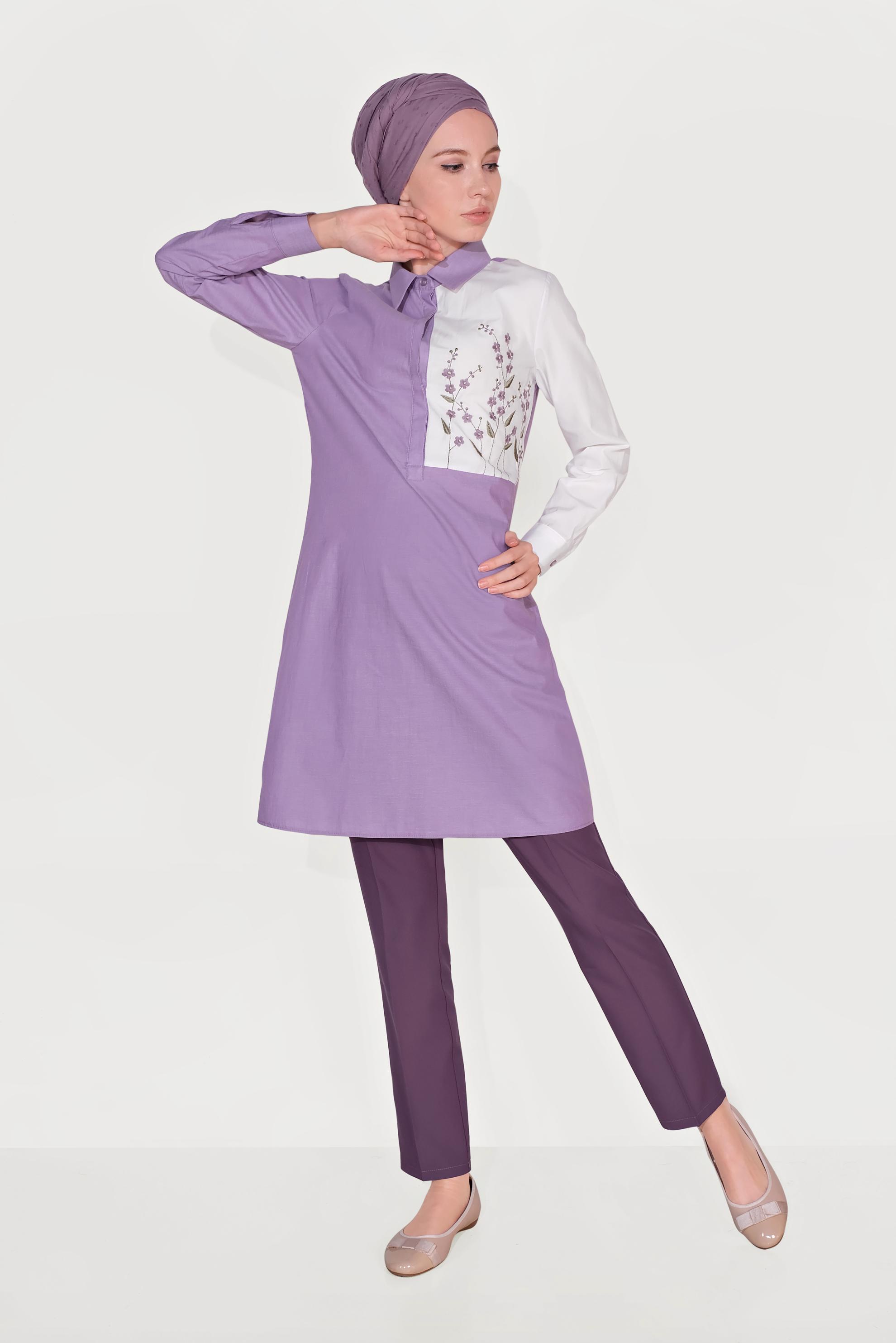 Tesettür giyim MOR ARA BEL CEPLİ  PANTOLON 7605 