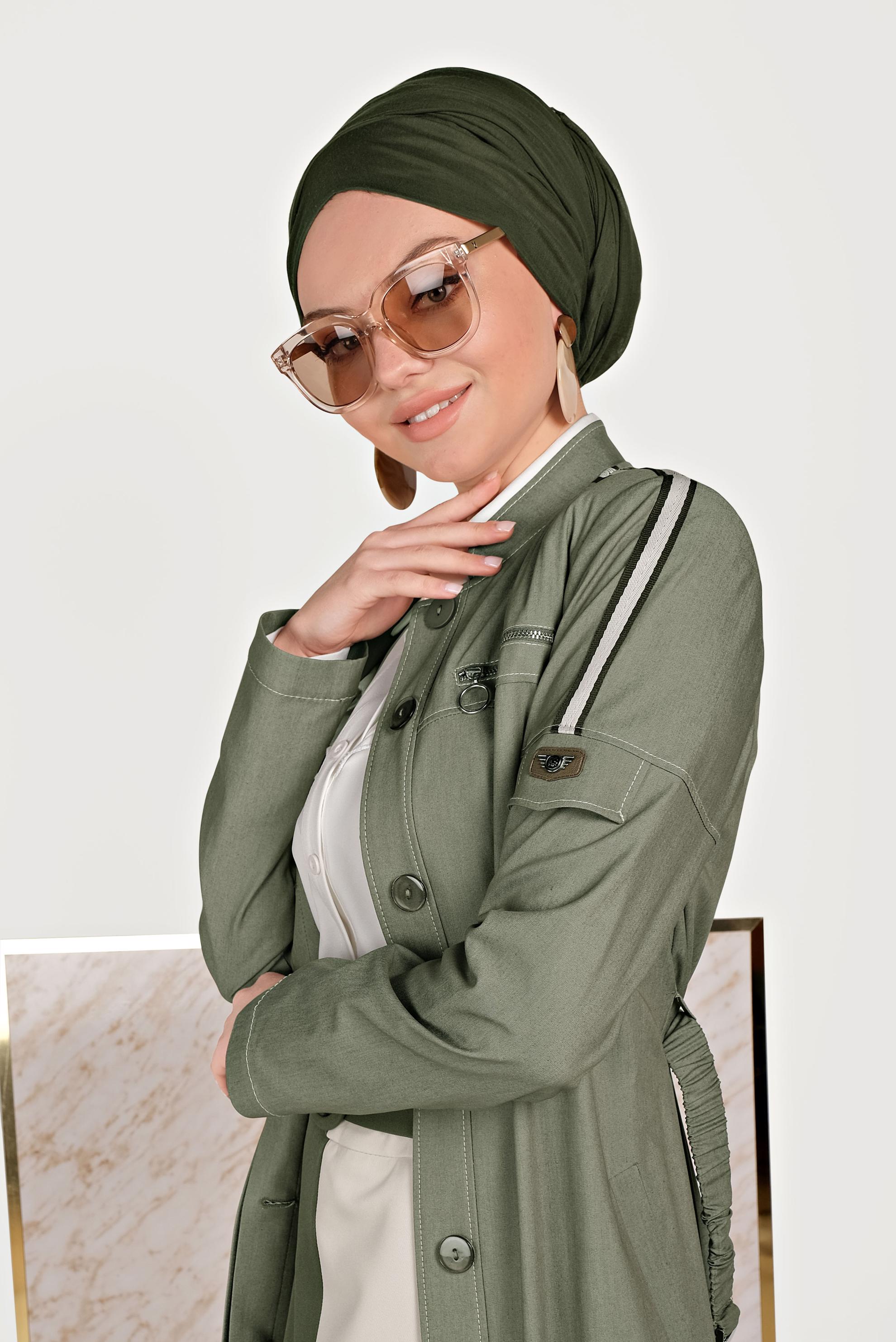 Tesettür giyim HAKİ BELDEN BÜZGÜLÜ PARDESÜ 10157