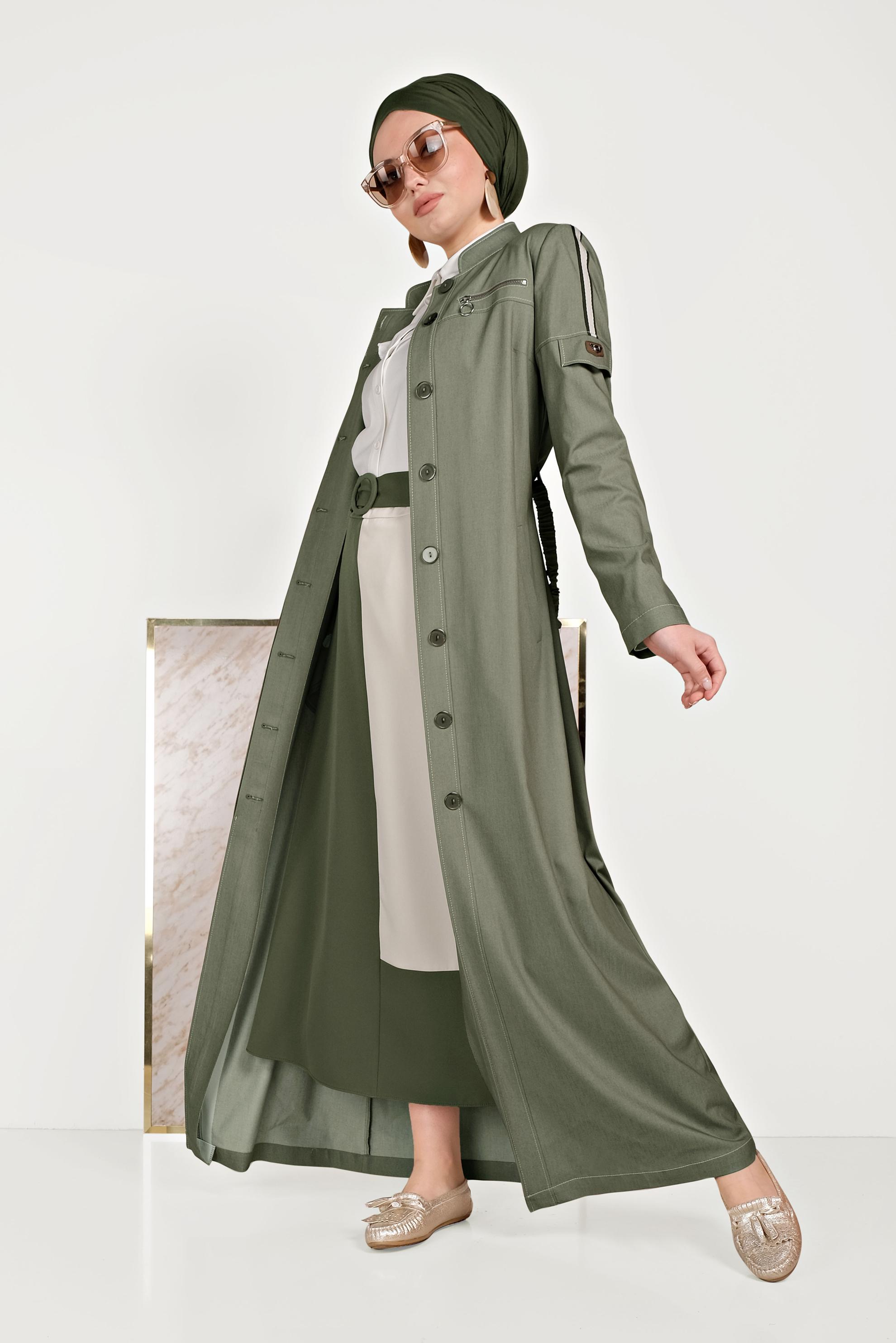 Tesettür giyim HAKİ BELDEN BÜZGÜLÜ PARDESÜ 10157