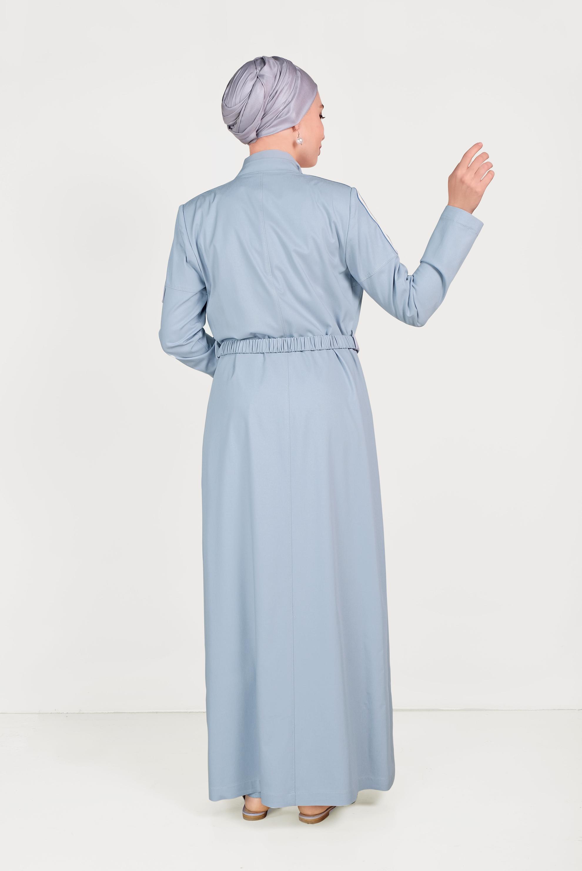 Tesettür giyim MAVİ BELDEN BÜZGÜLÜ PARDESÜ 10157