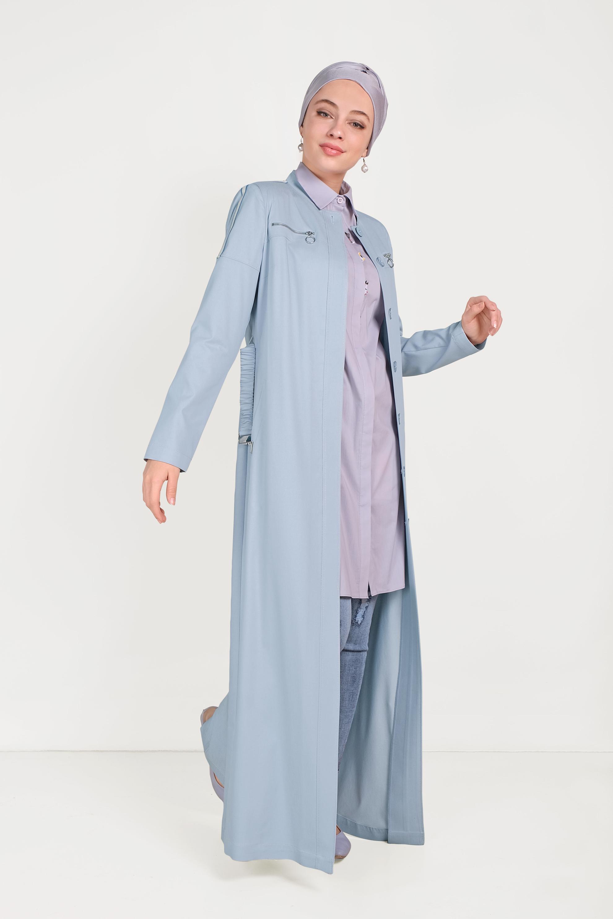 Tesettür giyim MAVİ BELDEN BÜZGÜLÜ PARDESÜ 10157