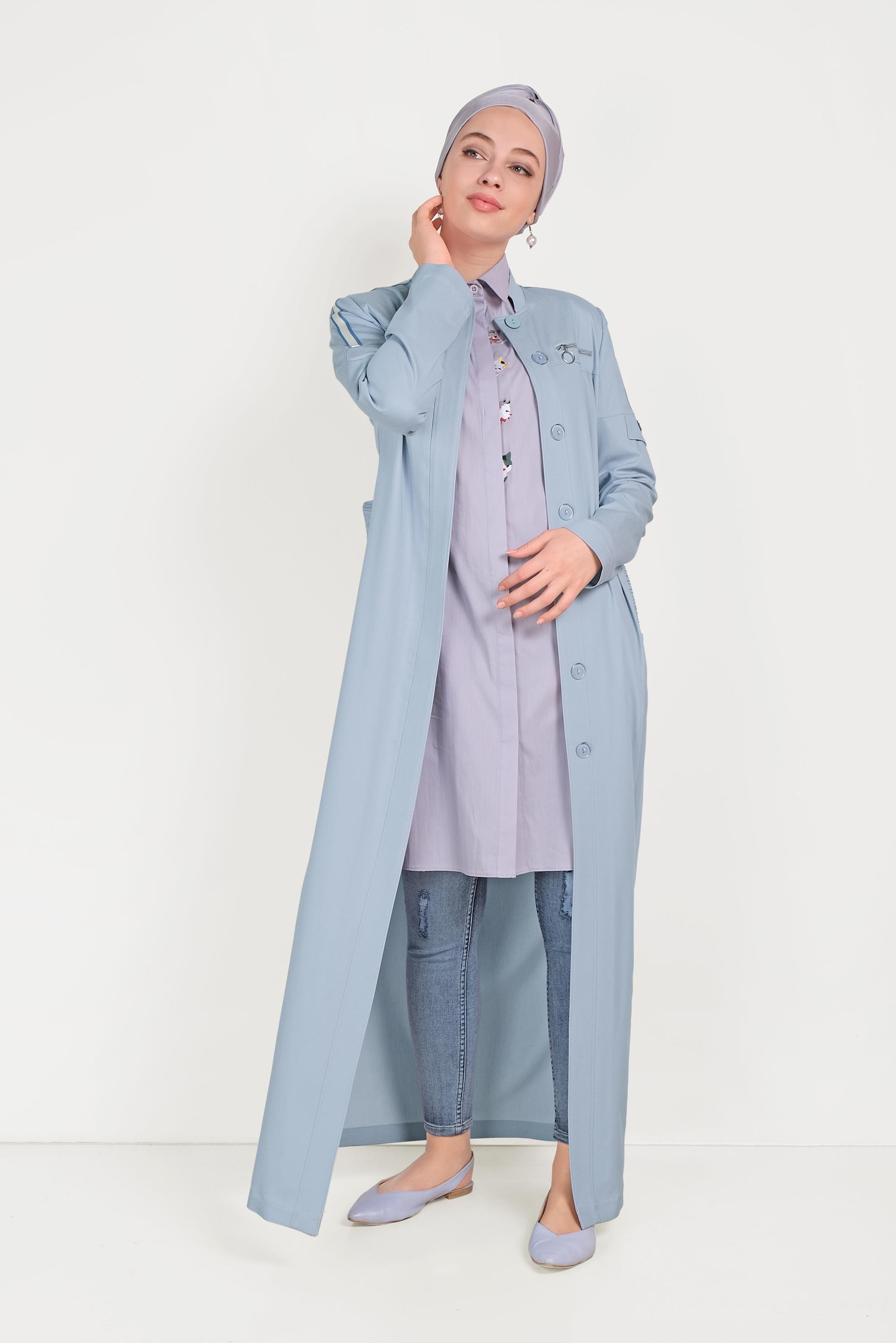 Tesettür giyim MAVİ BELDEN BÜZGÜLÜ PARDESÜ 10157