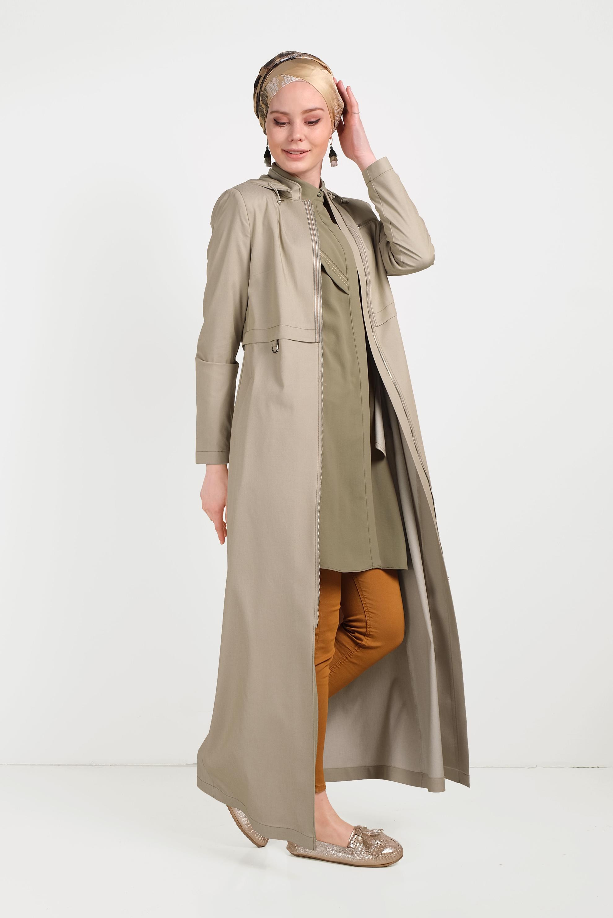 Tesettür giyim KAHVE KAPÜŞONLU FERMUARLI SPOR PARDESÜ 10158