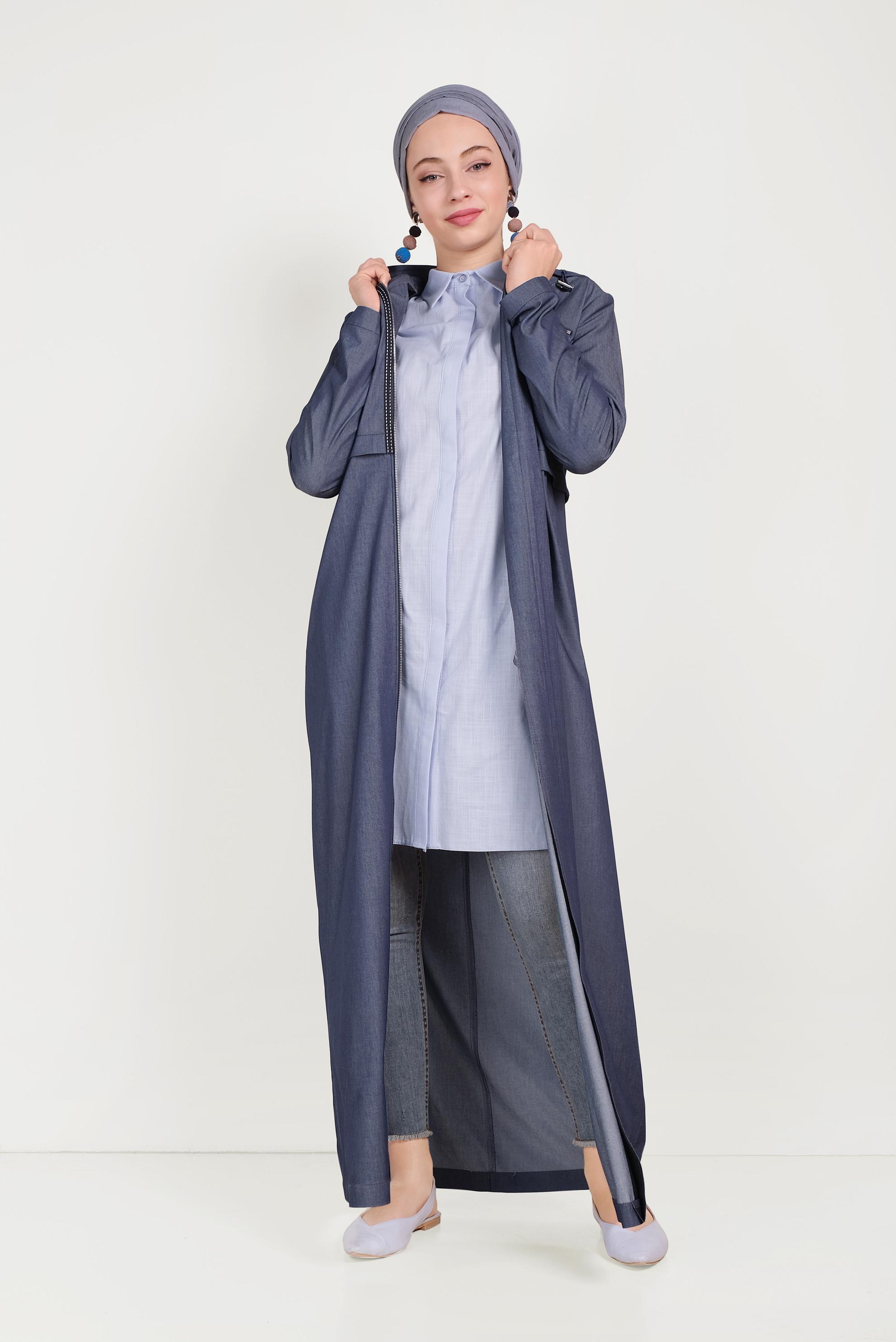 Tesettür giyim LACİVERT KAPÜŞONLU FERMUARLI SPOR PARDESÜ 10158
