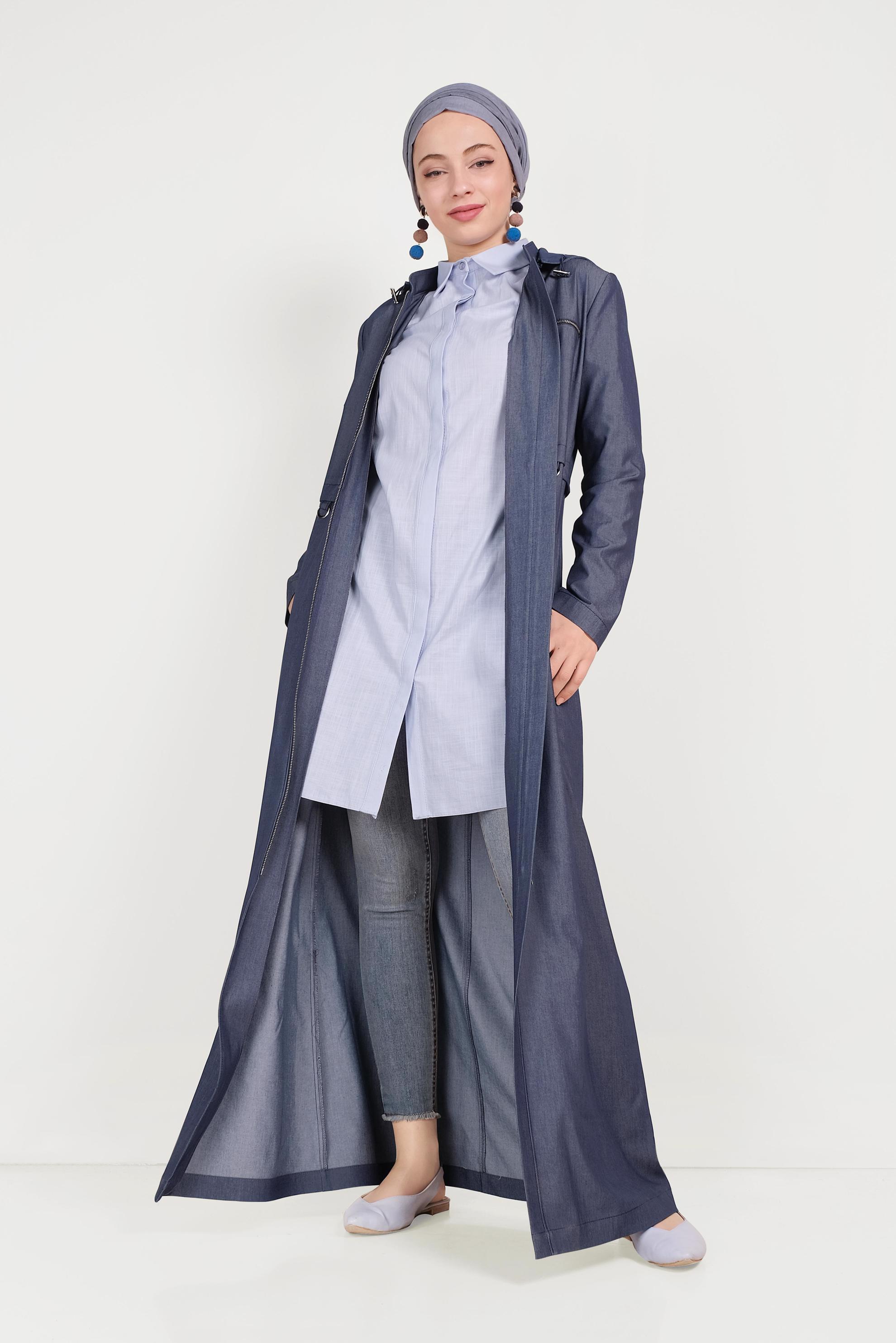 Tesettür giyim LACİVERT KAPÜŞONLU FERMUARLI SPOR PARDESÜ 10158