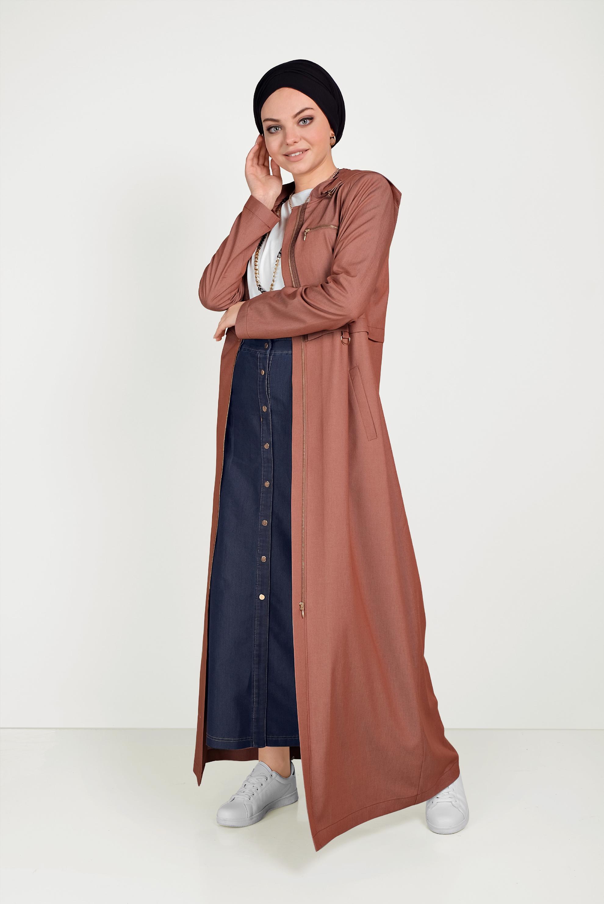 Tesettür giyim KAHVE KAPÜŞONLU FERMUARLI SPOR PARDESÜ 10158