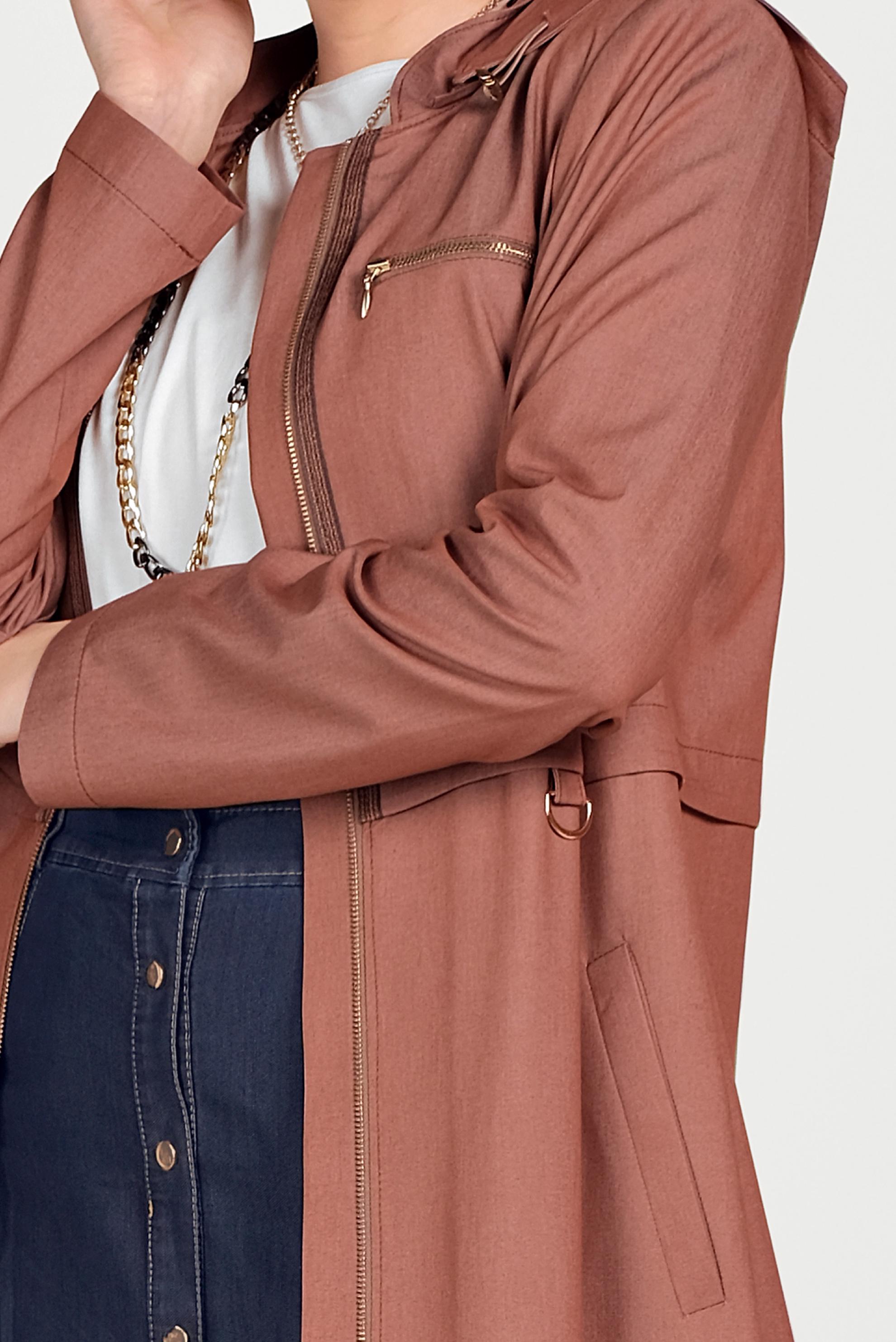 Tesettür giyim KAHVE KAPÜŞONLU FERMUARLI SPOR PARDESÜ 10158