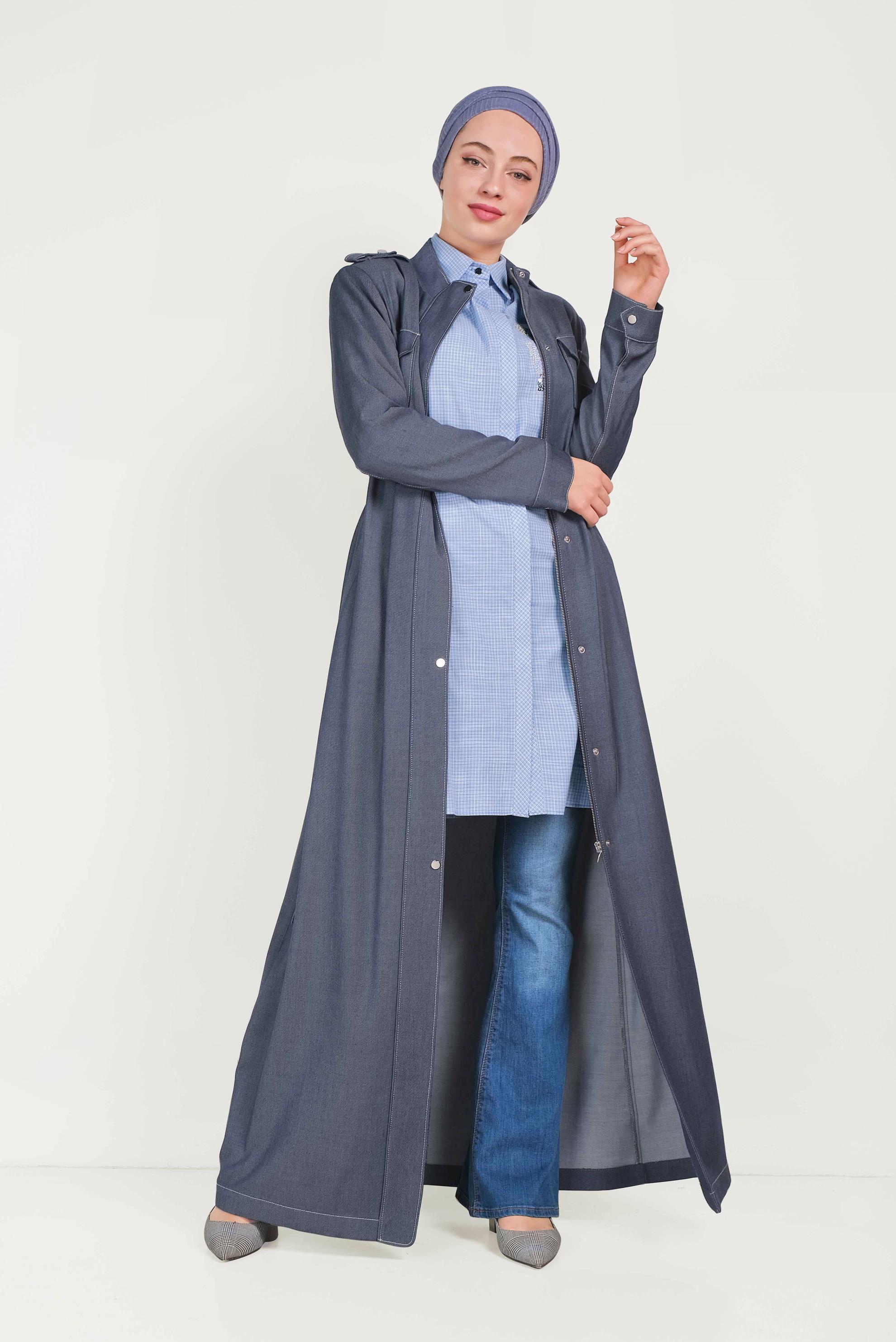 Tesettür giyim LACİVERT KAPÜŞONLU FERMUARLI ÇITÇITLI PARDESÜ 10159