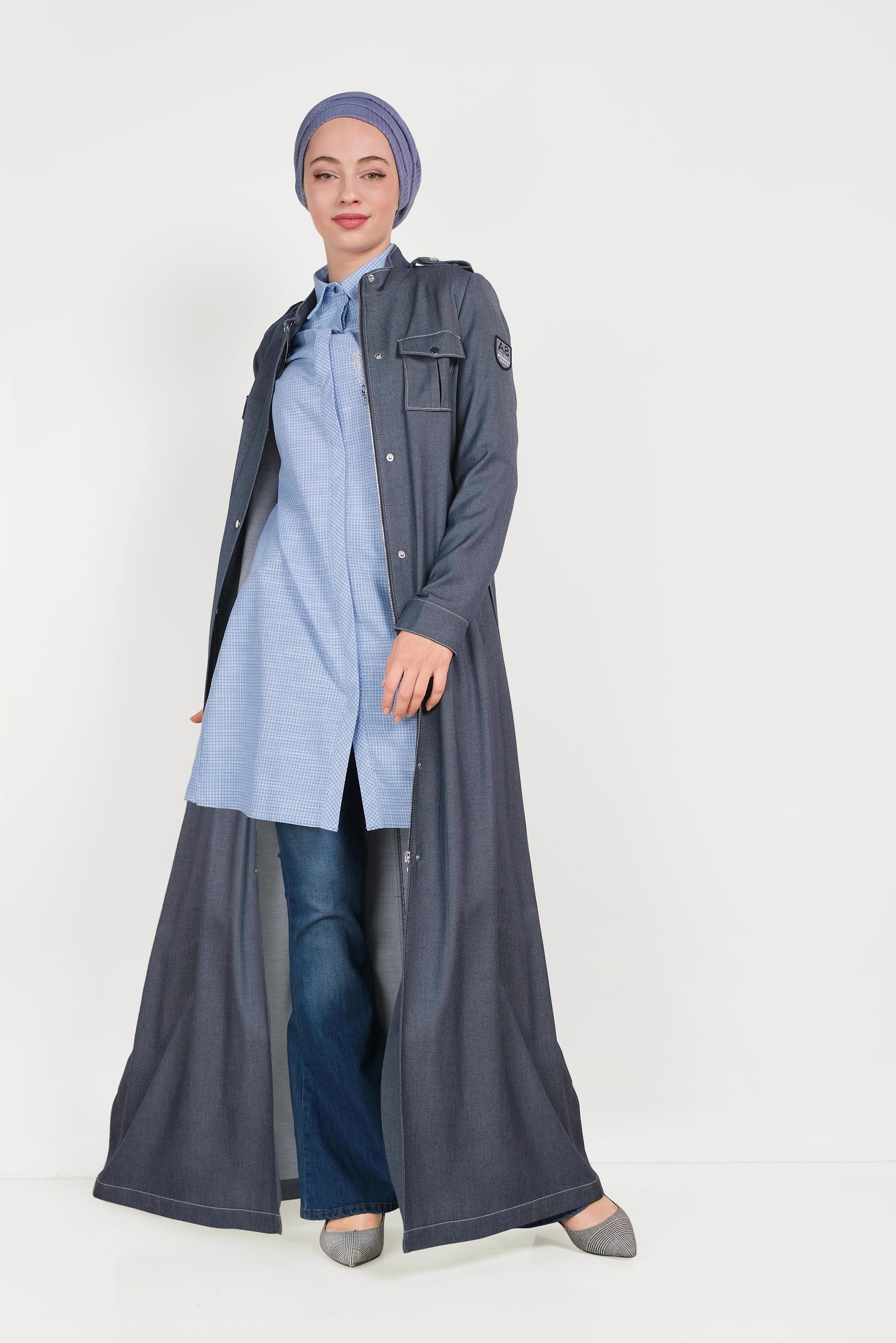 Tesettür giyim LACİVERT KAPÜŞONLU FERMUARLI ÇITÇITLI PARDESÜ 10159