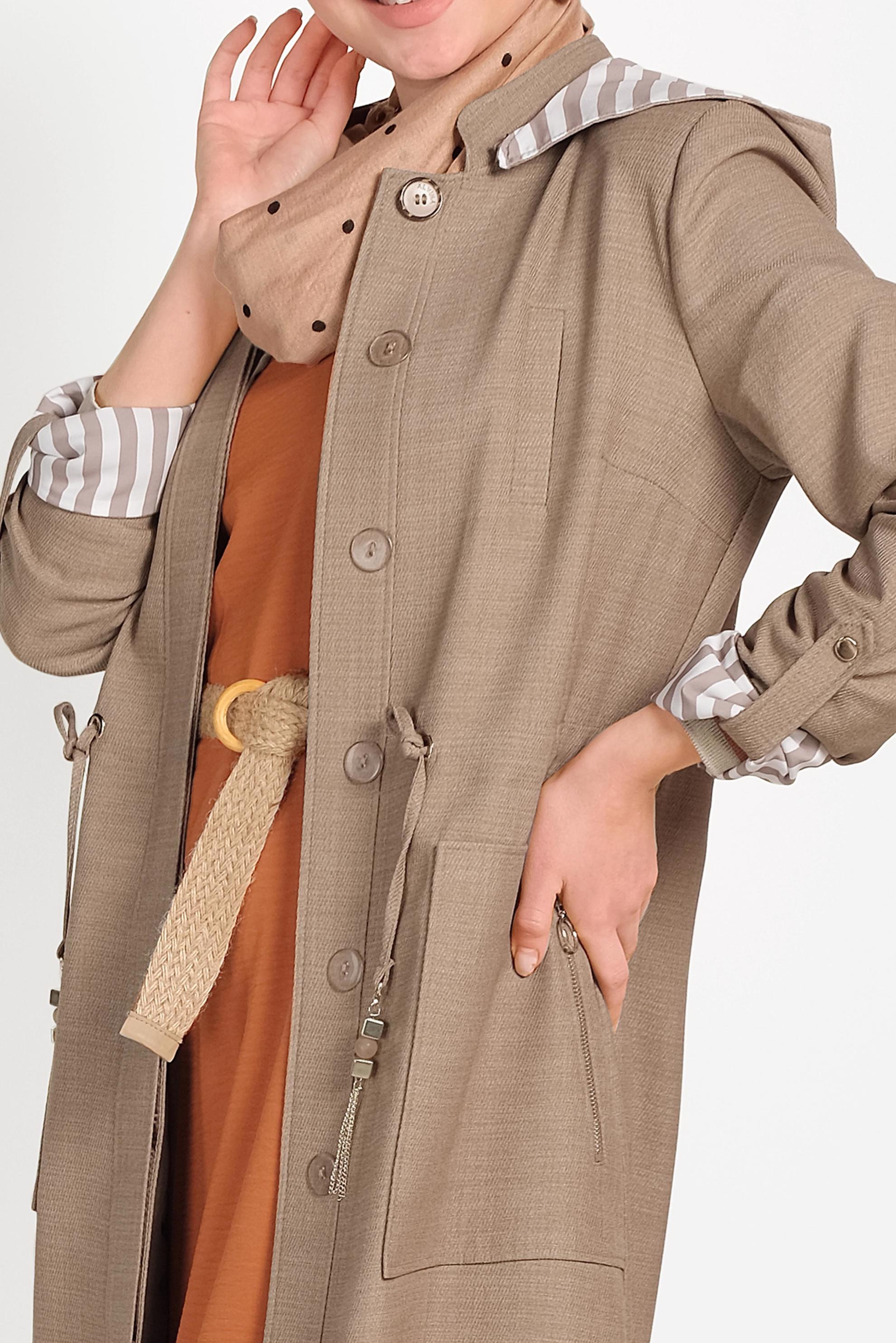 Tesettür giyim KAHVE DÜĞMELİ KAPÜŞONLU PARDESÜ 10160