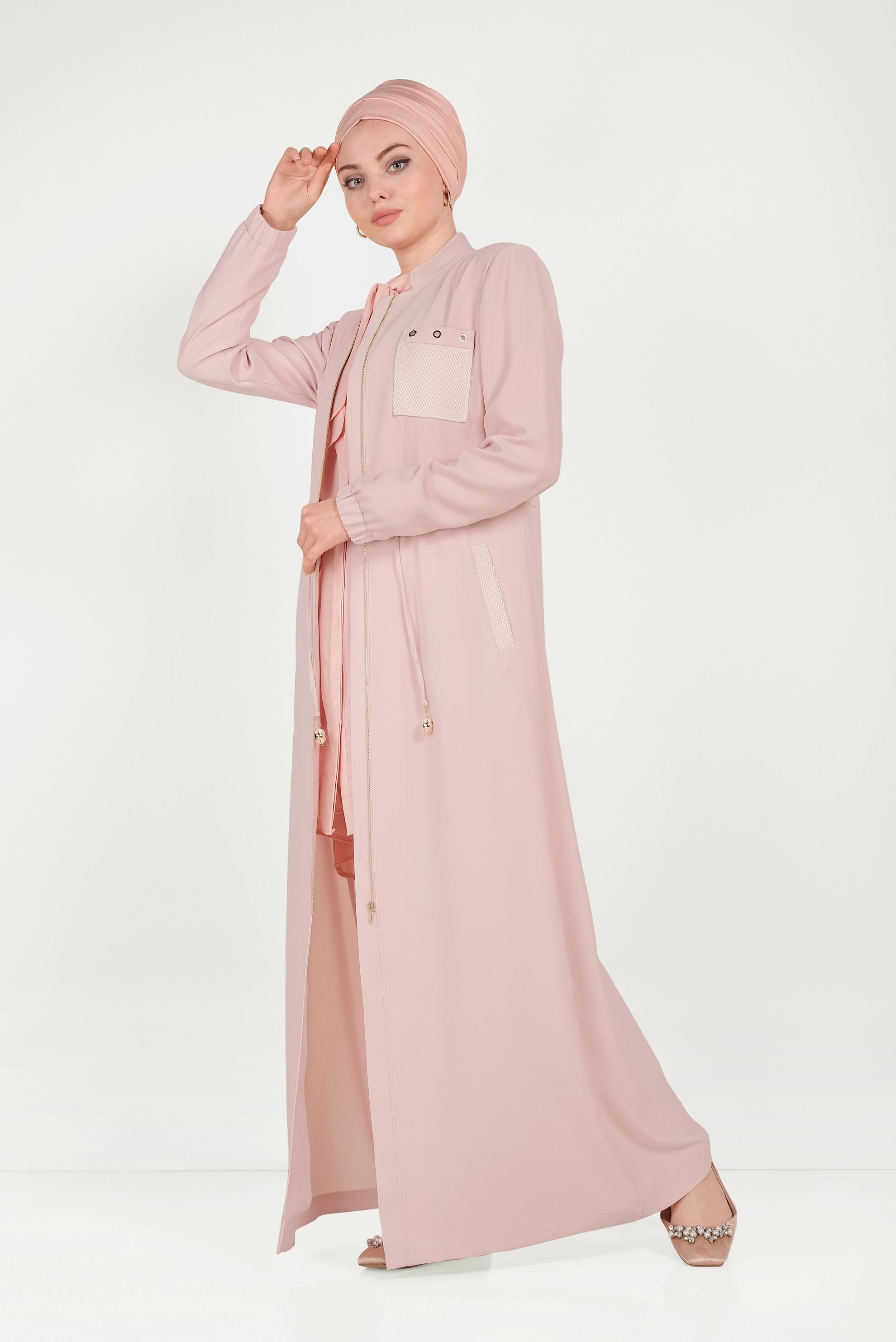 Tesettür giyim PUDRA BEL BÜZGÜLÜ FERMUARLI PARDESÜ 10161