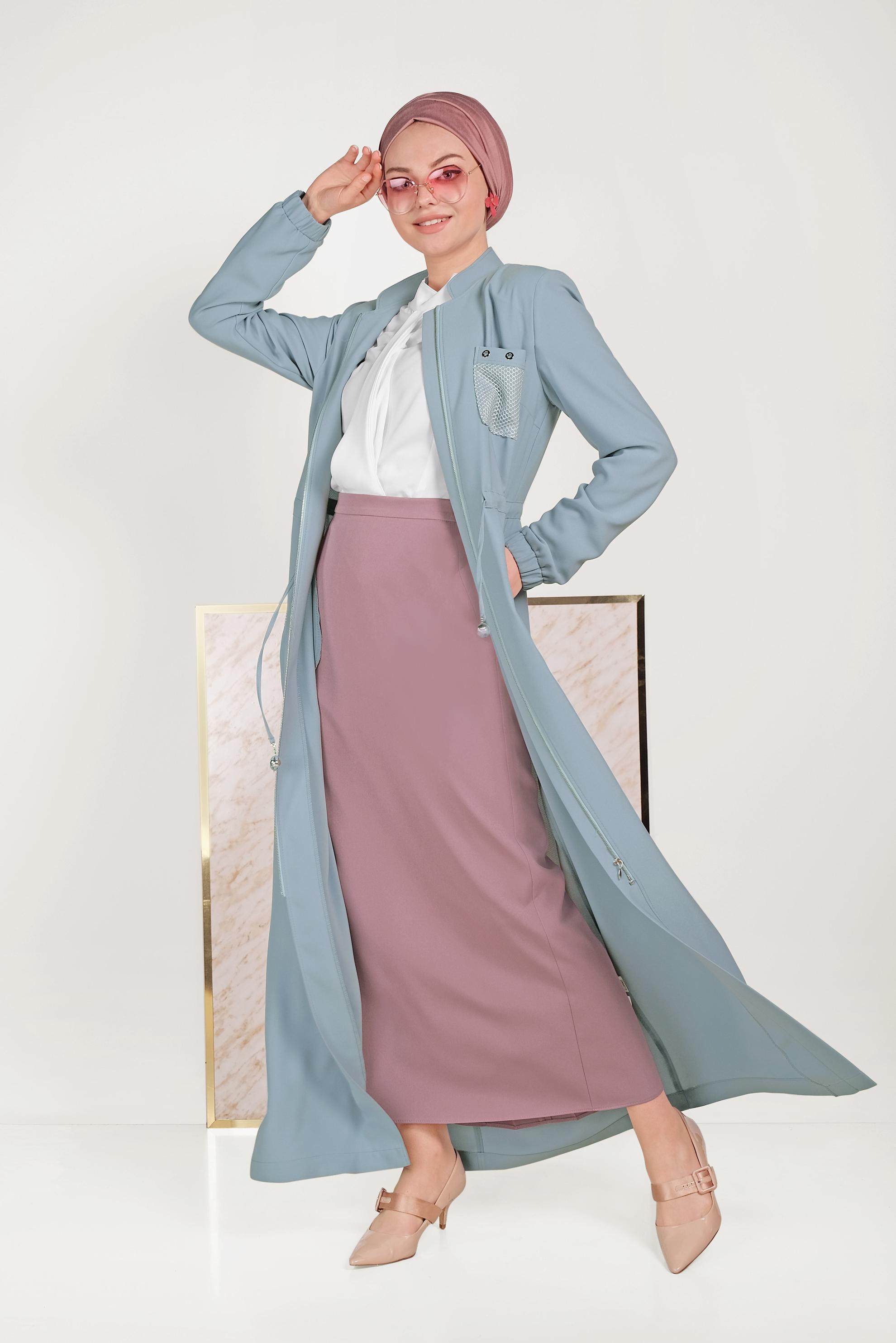 Tesettür giyim MAVİ BEL BÜZGÜLÜ FERMUARLI PARDESÜ 10161