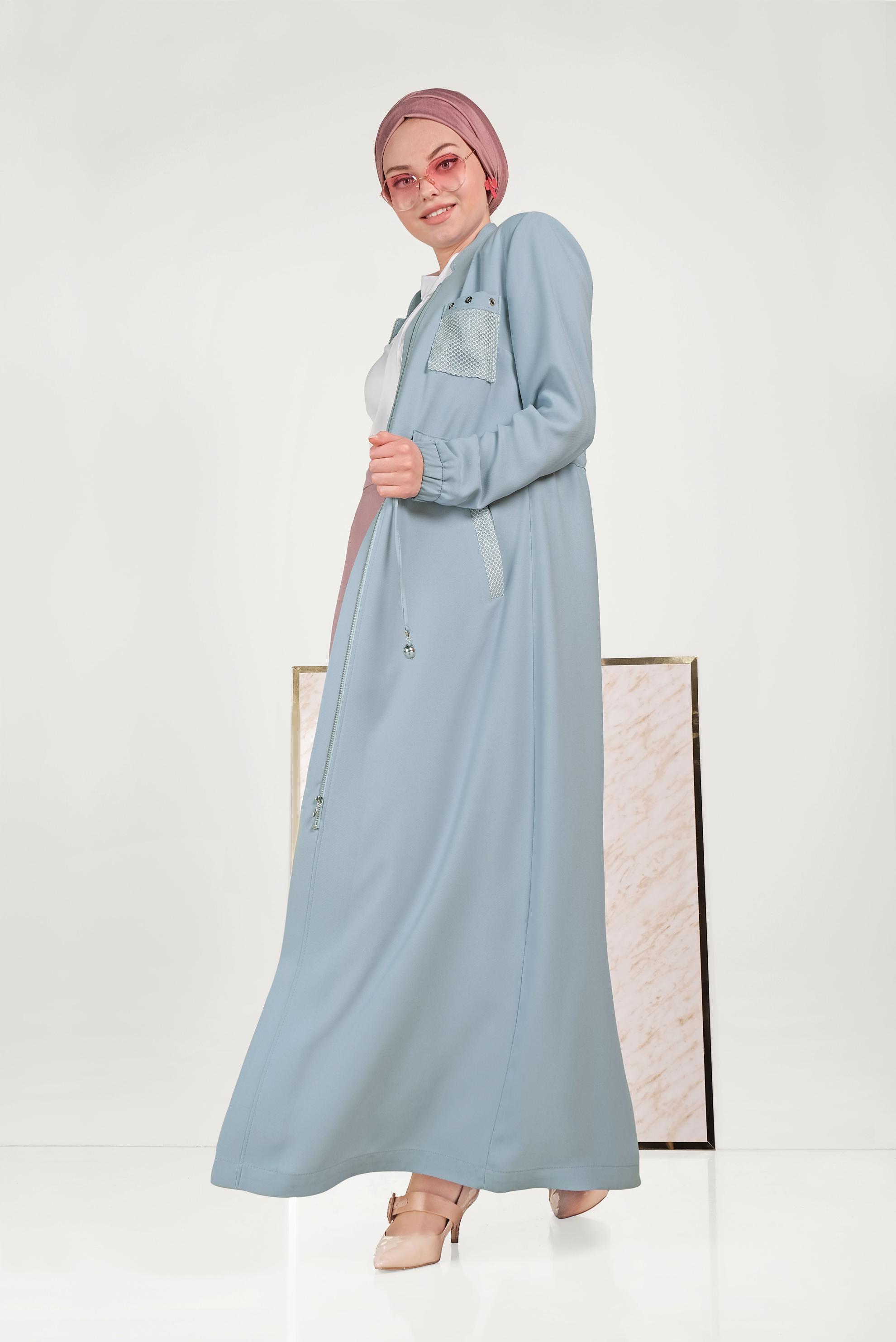 Tesettür giyim MAVİ BEL BÜZGÜLÜ FERMUARLI PARDESÜ 10161