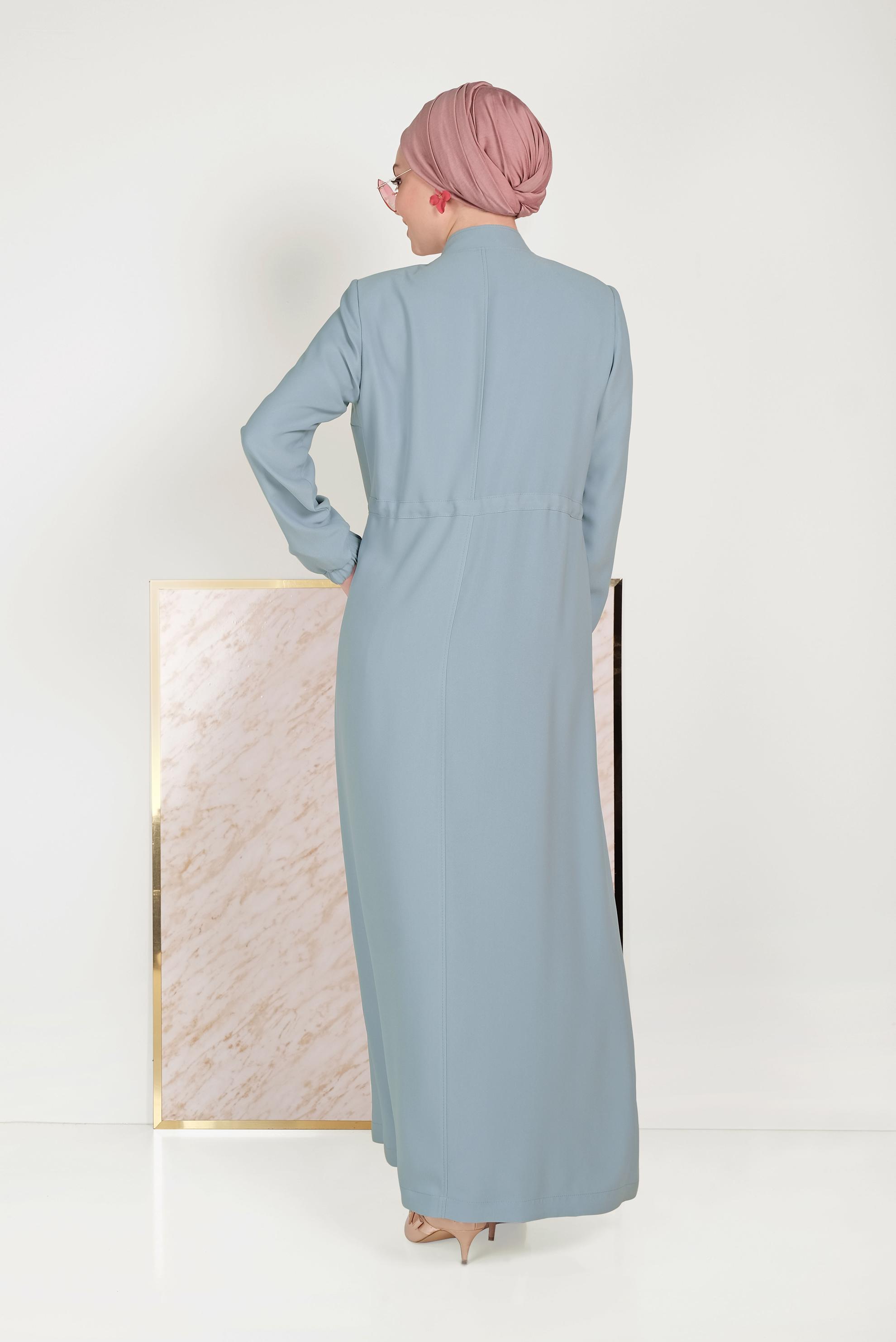 Tesettür giyim MAVİ BEL BÜZGÜLÜ FERMUARLI PARDESÜ 10161