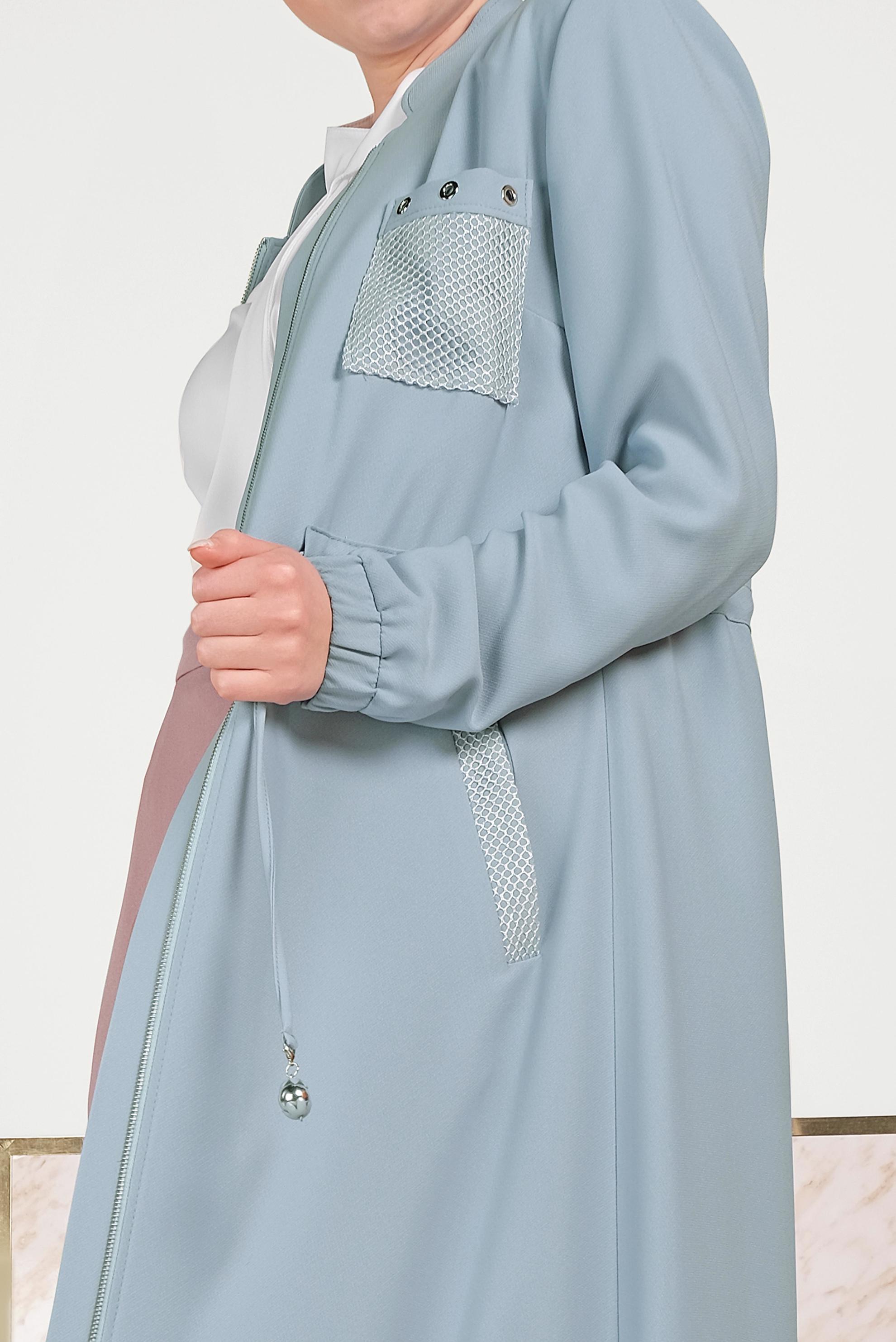 Tesettür giyim MAVİ BEL BÜZGÜLÜ FERMUARLI PARDESÜ 10161