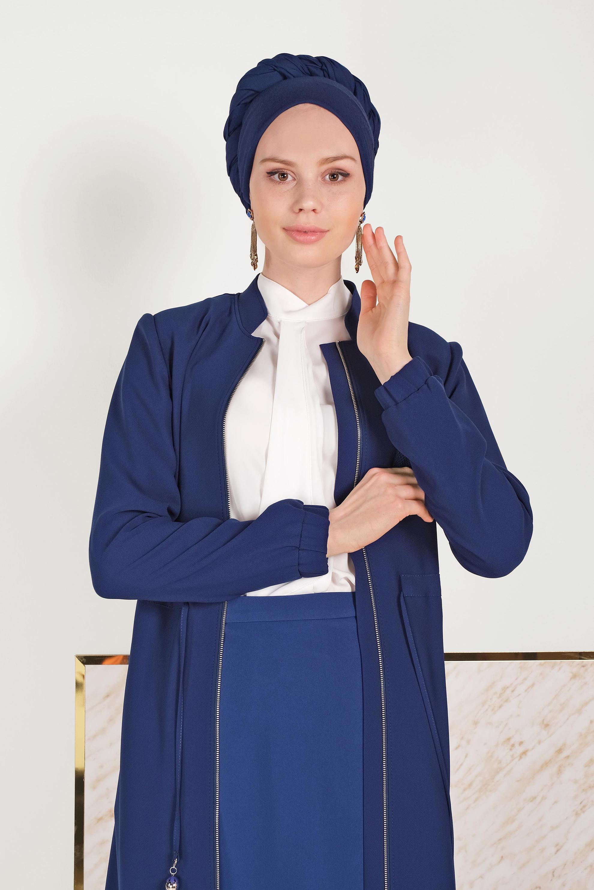 Tesettür giyim LACİVERT BEL BÜZGÜLÜ FERMUARLI PARDESÜ 10161