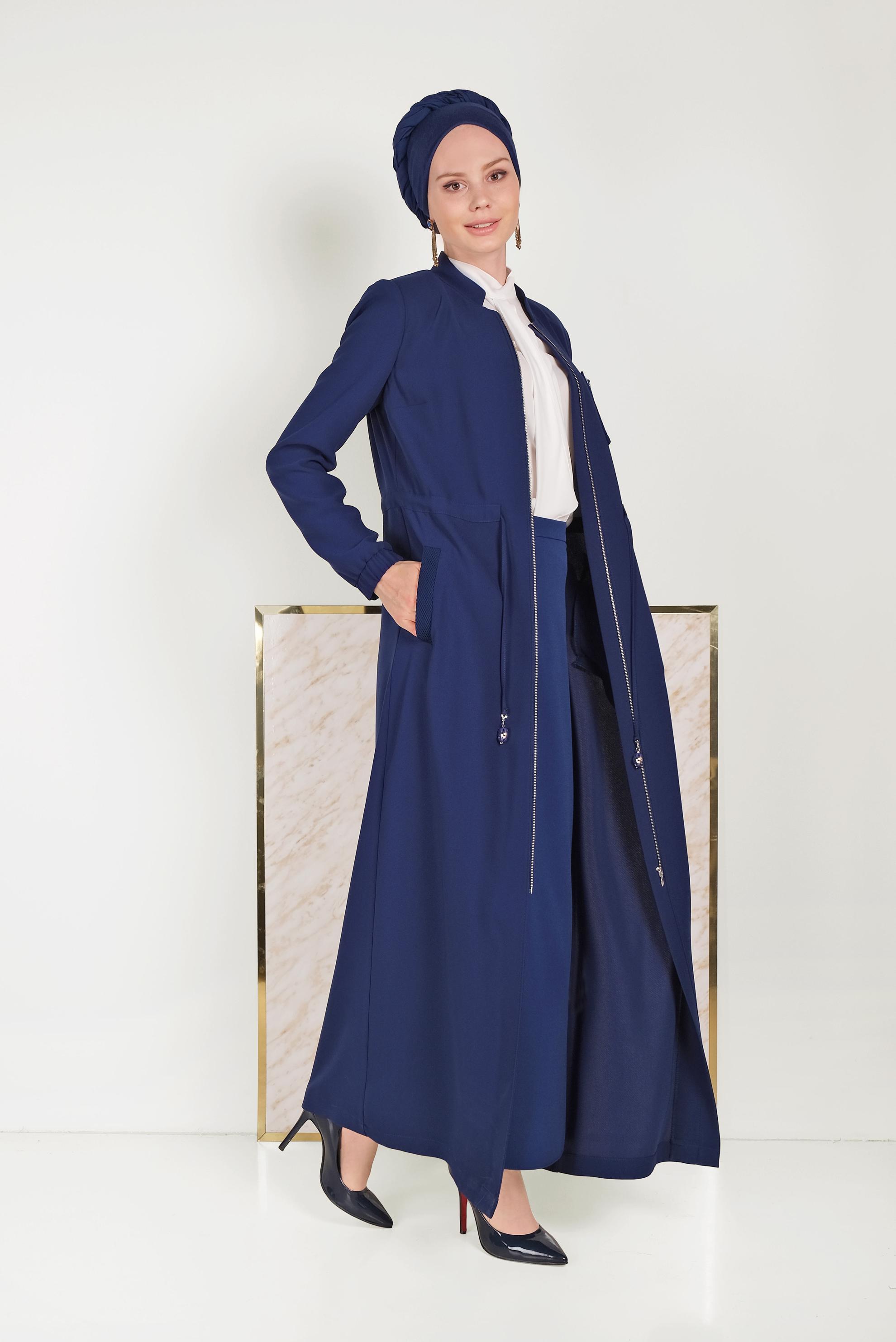 Tesettür giyim LACİVERT BEL BÜZGÜLÜ FERMUARLI PARDESÜ 10161