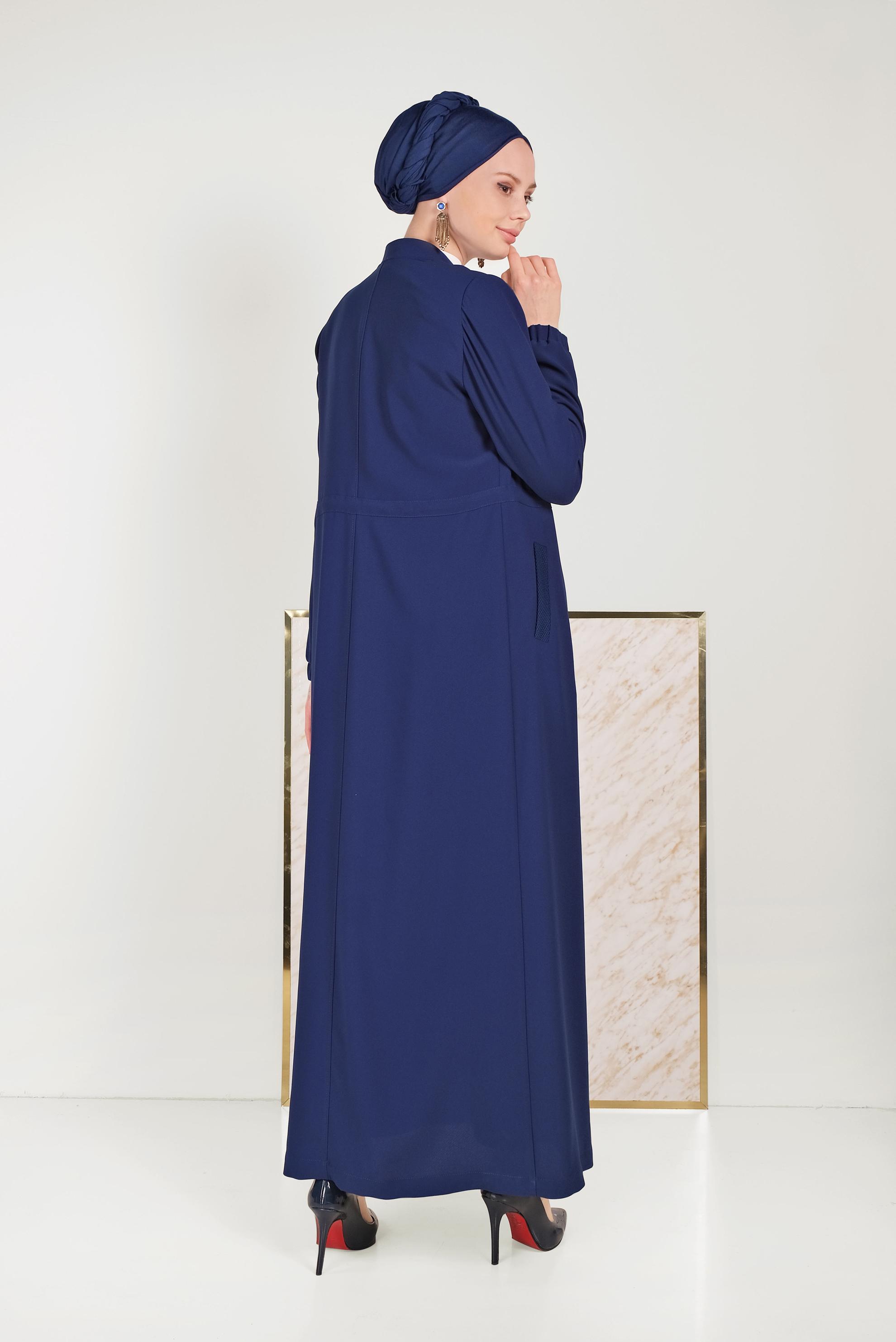 Tesettür giyim LACİVERT BEL BÜZGÜLÜ FERMUARLI PARDESÜ 10161