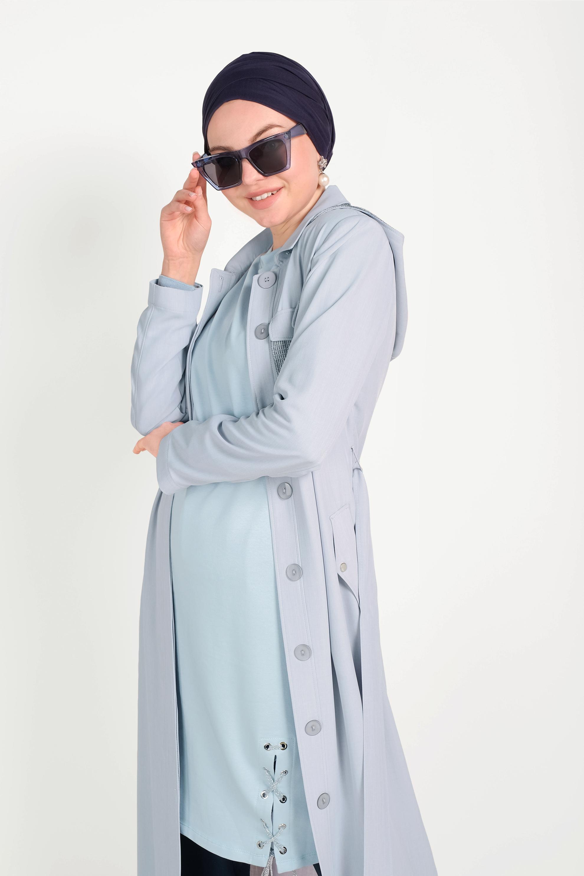 Tesettür giyim GRİ FİLE DETAYLI DÜĞMELİ PARDESÜ 10162