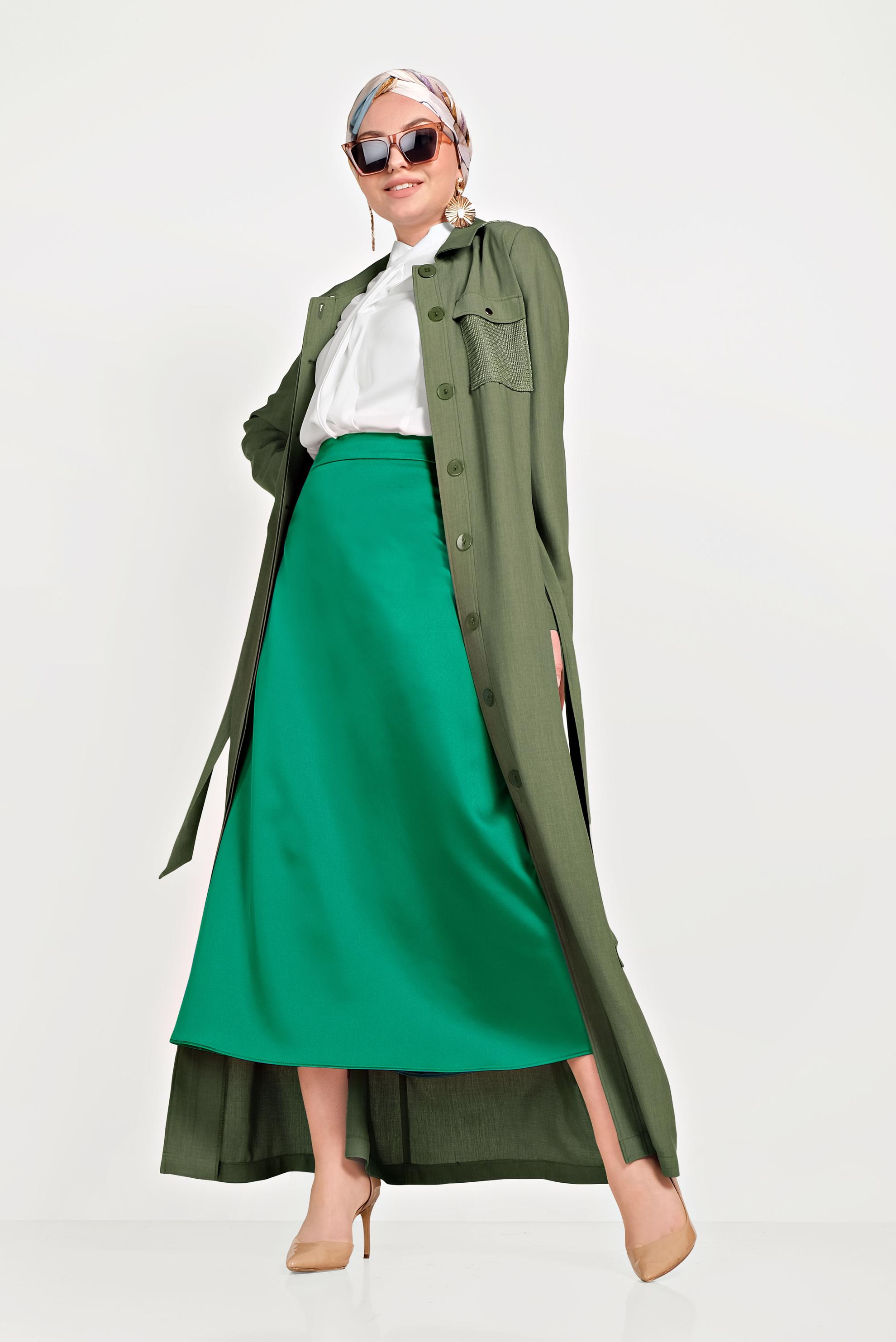 Hijab clothing KHAKI FISHNET DETAILED BUTTONED COAT 10162