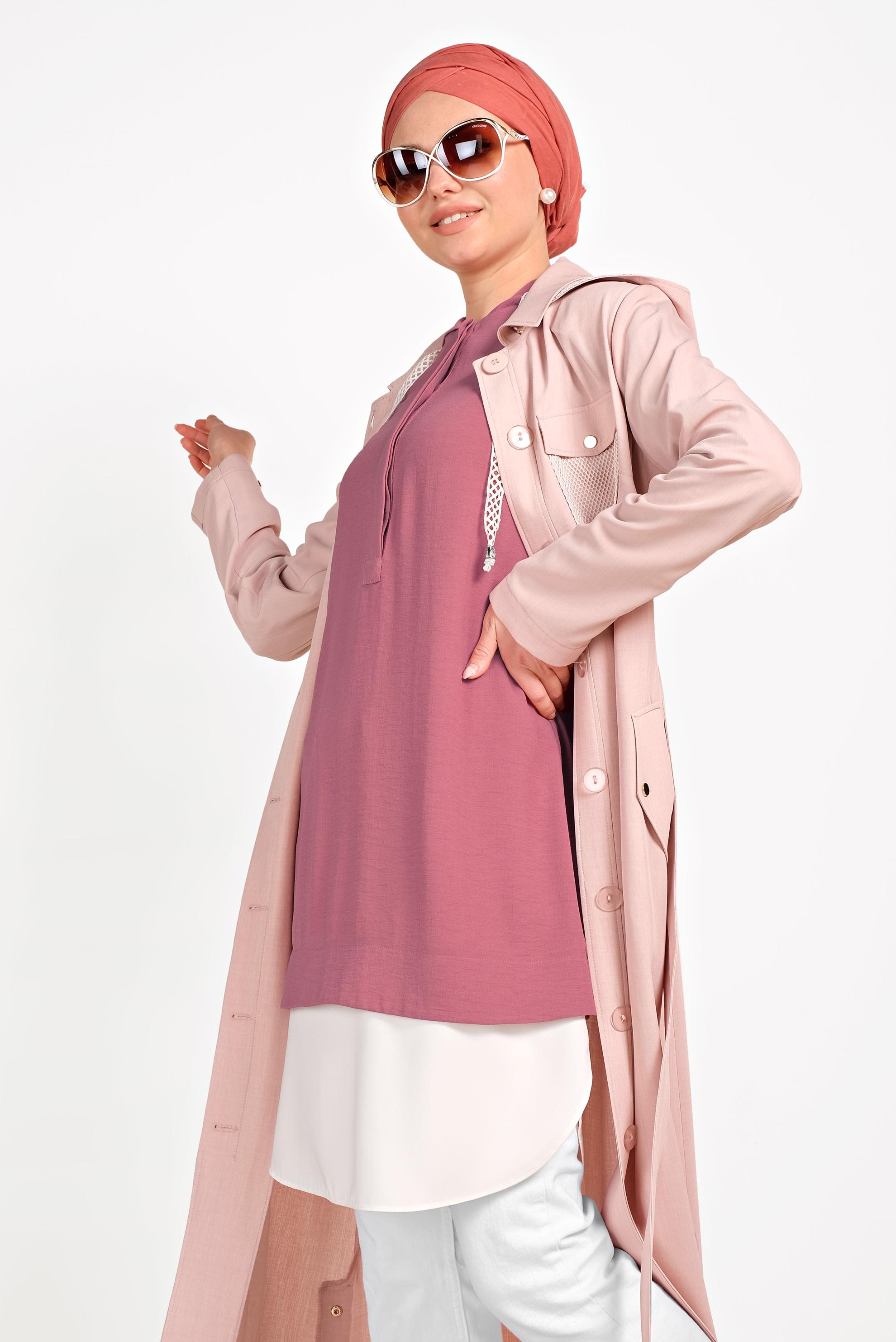 Tesettür giyim PUDRA FİLE DETAYLI DÜĞMELİ PARDESÜ 10162