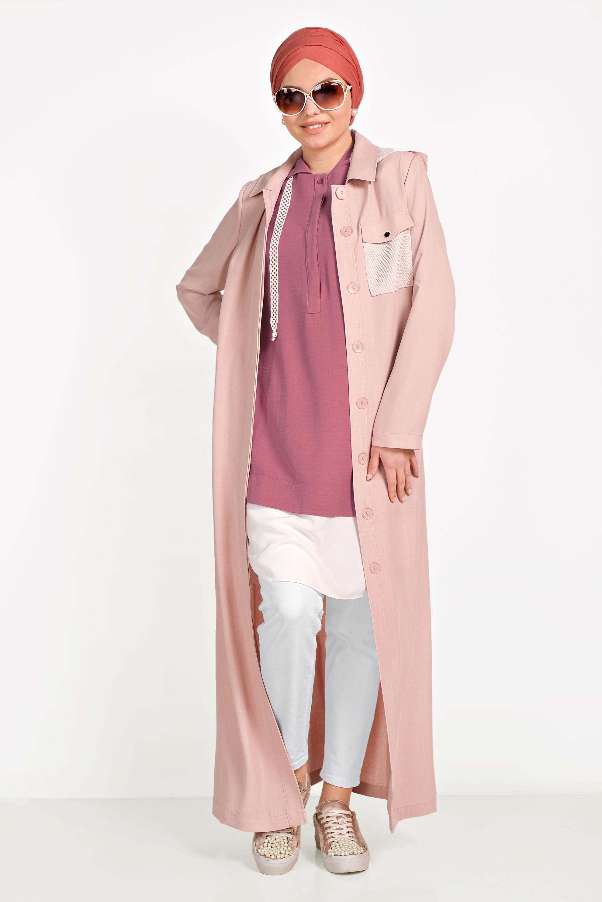 Tesettür giyim PUDRA FİLE DETAYLI DÜĞMELİ PARDESÜ 10162