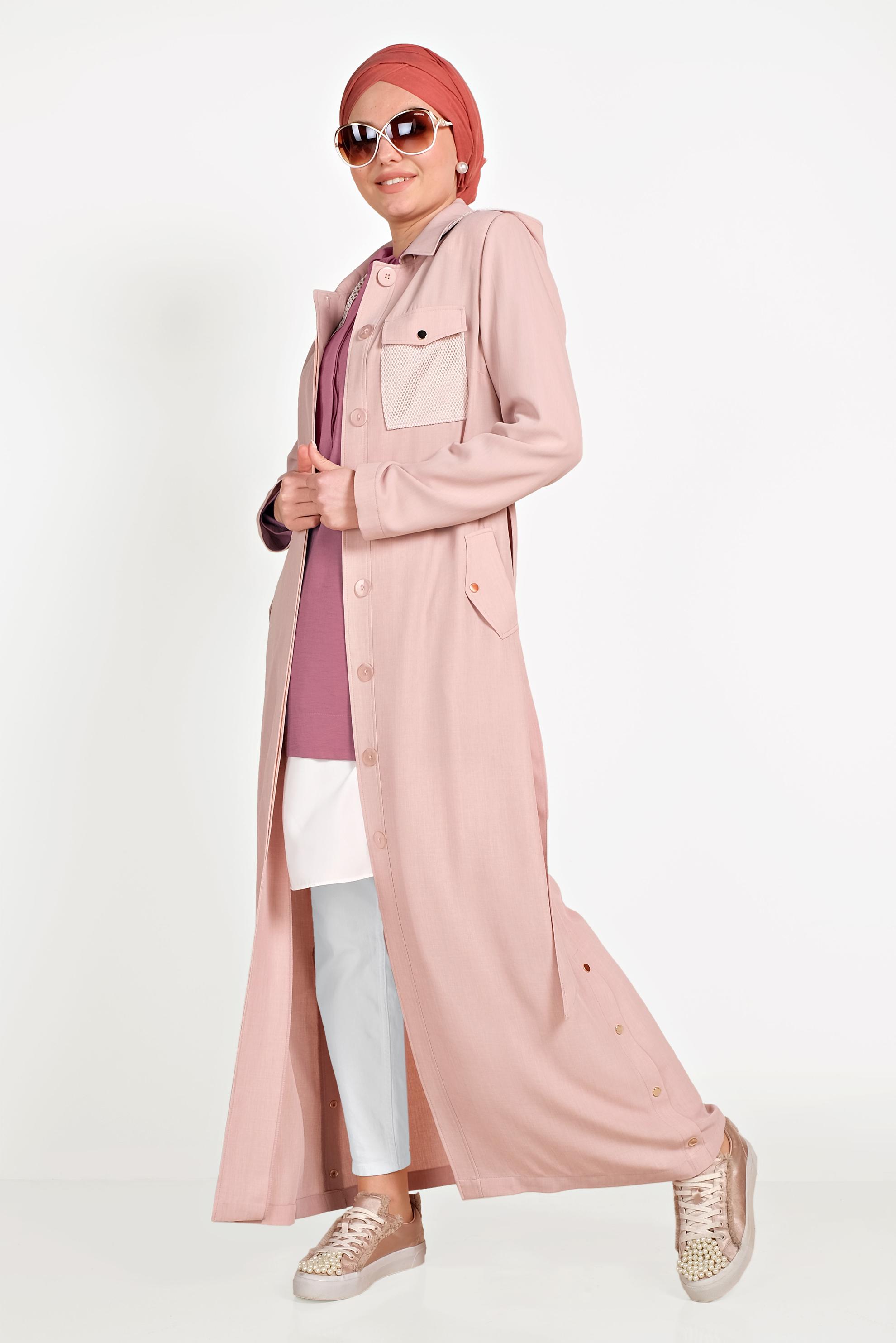 Tesettür giyim PUDRA FİLE DETAYLI DÜĞMELİ PARDESÜ 10162