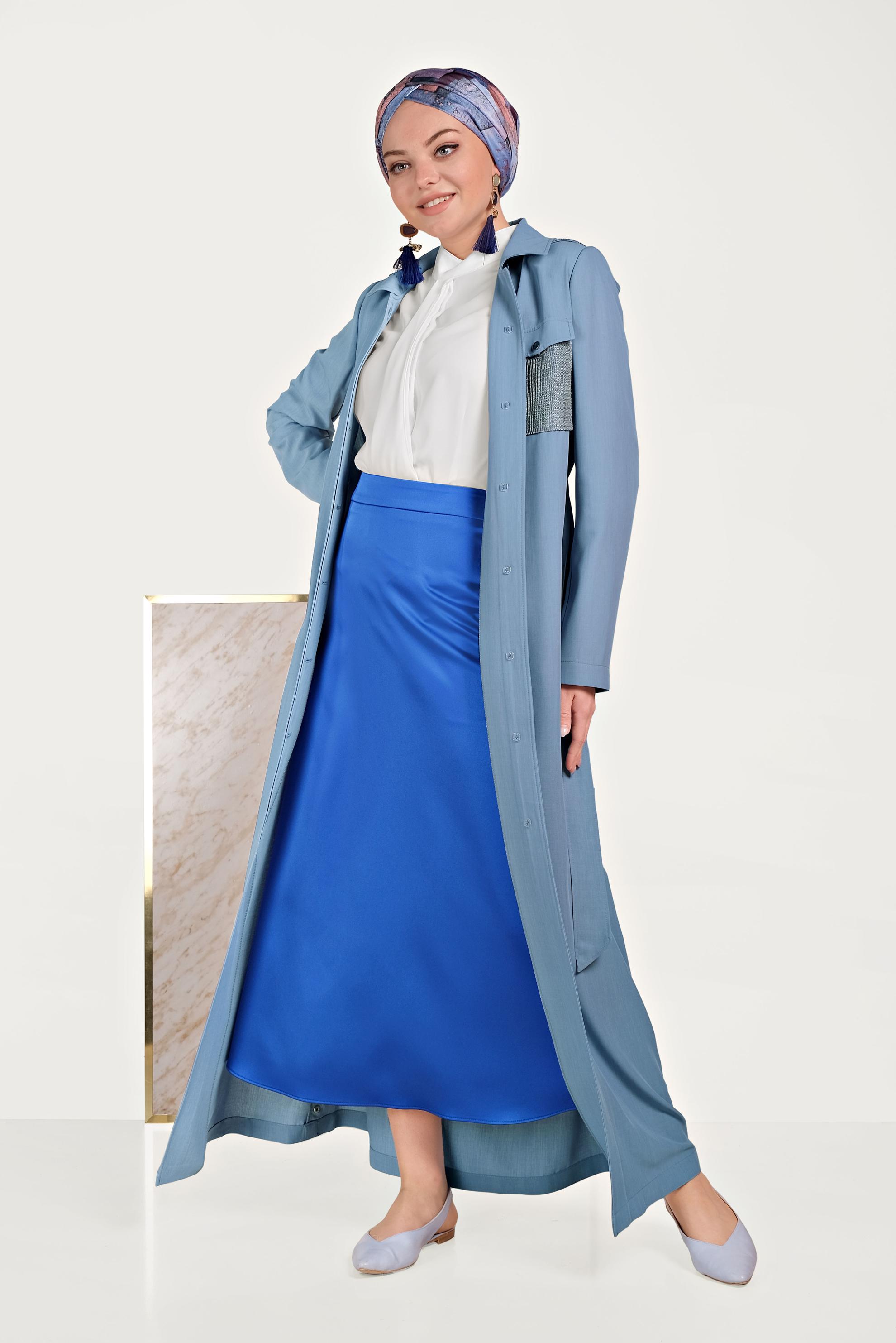 Hijab clothing BLUE FISHNET DETAILED BUTTONED COAT 10162