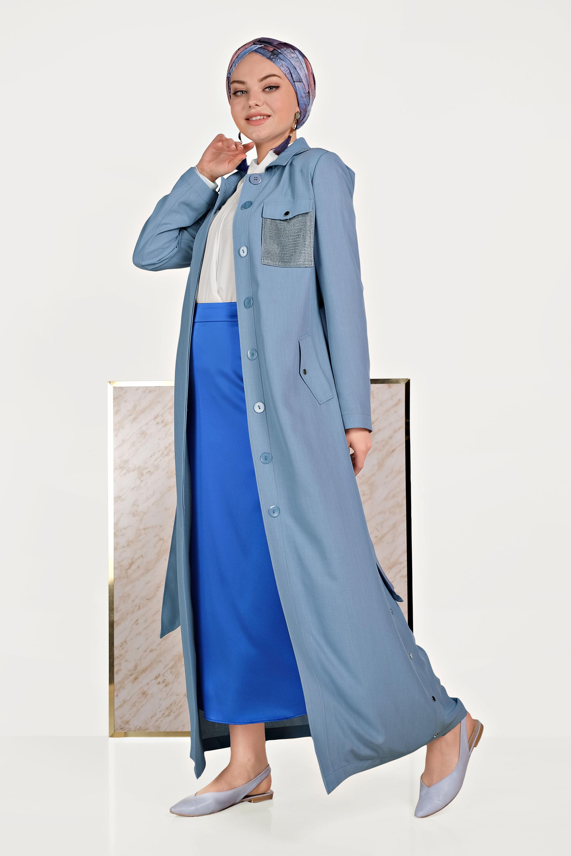 Hijab clothing BLUE FISHNET DETAILED BUTTONED COAT 10162