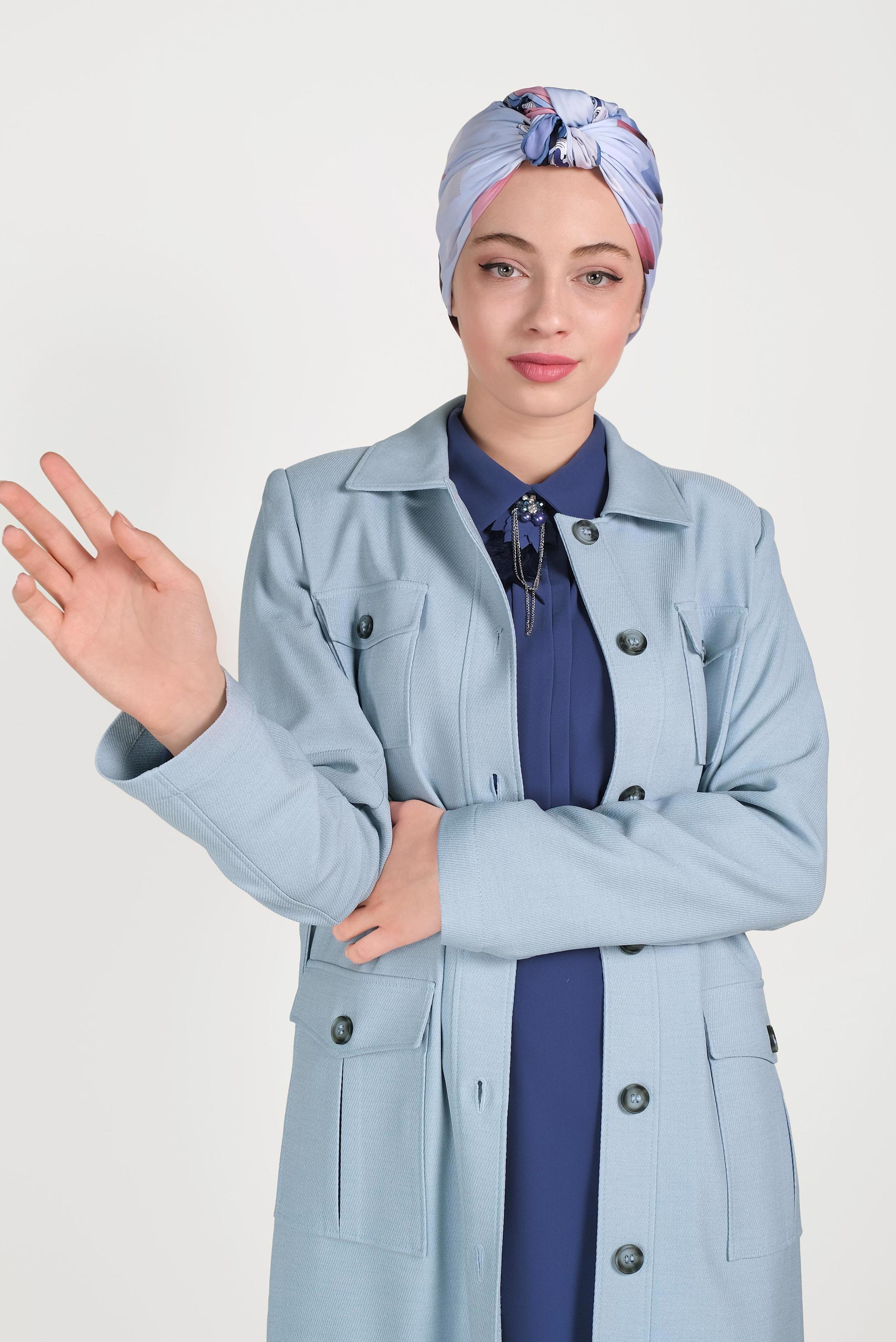 Tesettür giyim MAVİ KUŞAKLI DÜĞMELİ PARDESÜ 10163