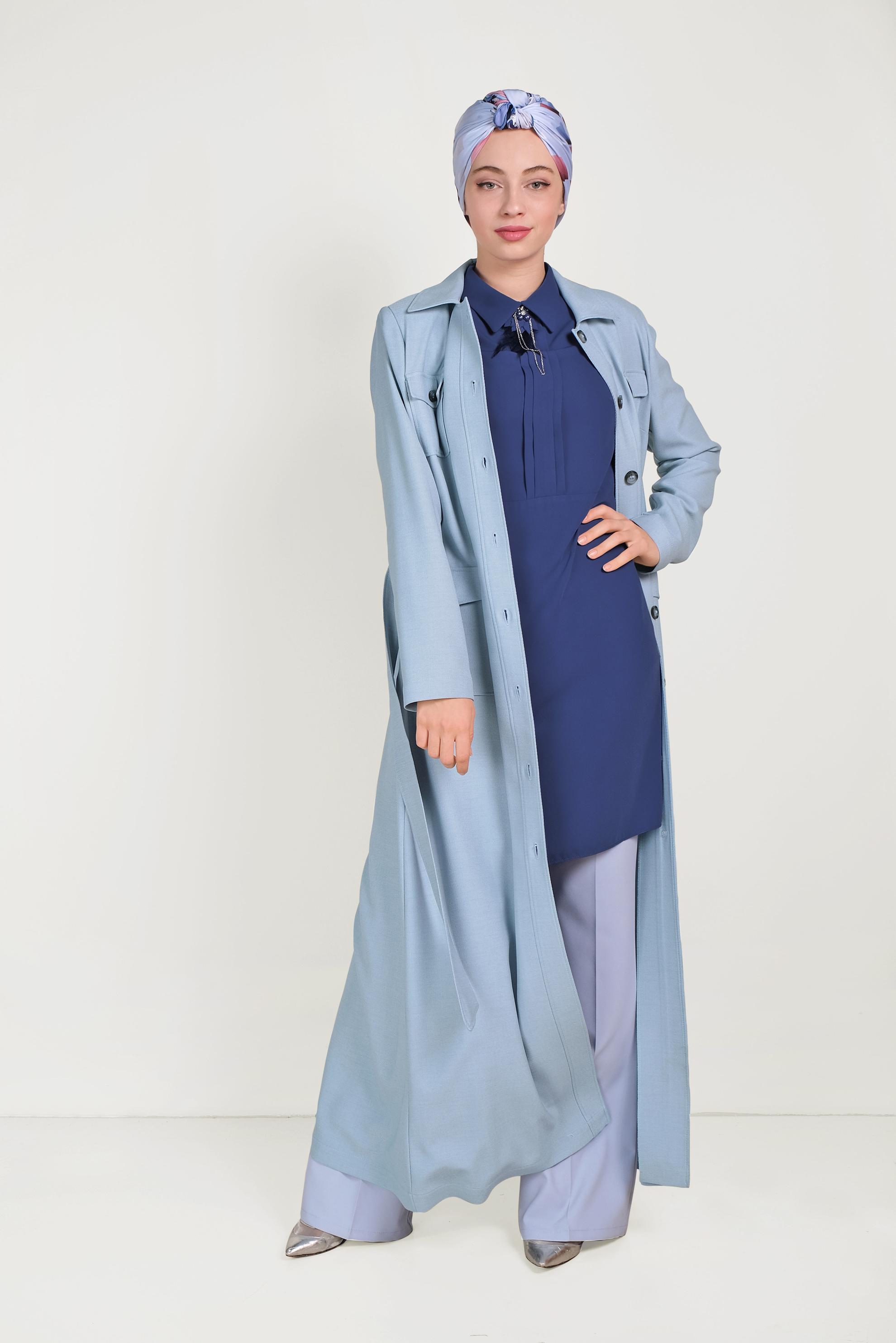 Tesettür giyim MAVİ KUŞAKLI DÜĞMELİ PARDESÜ 10163