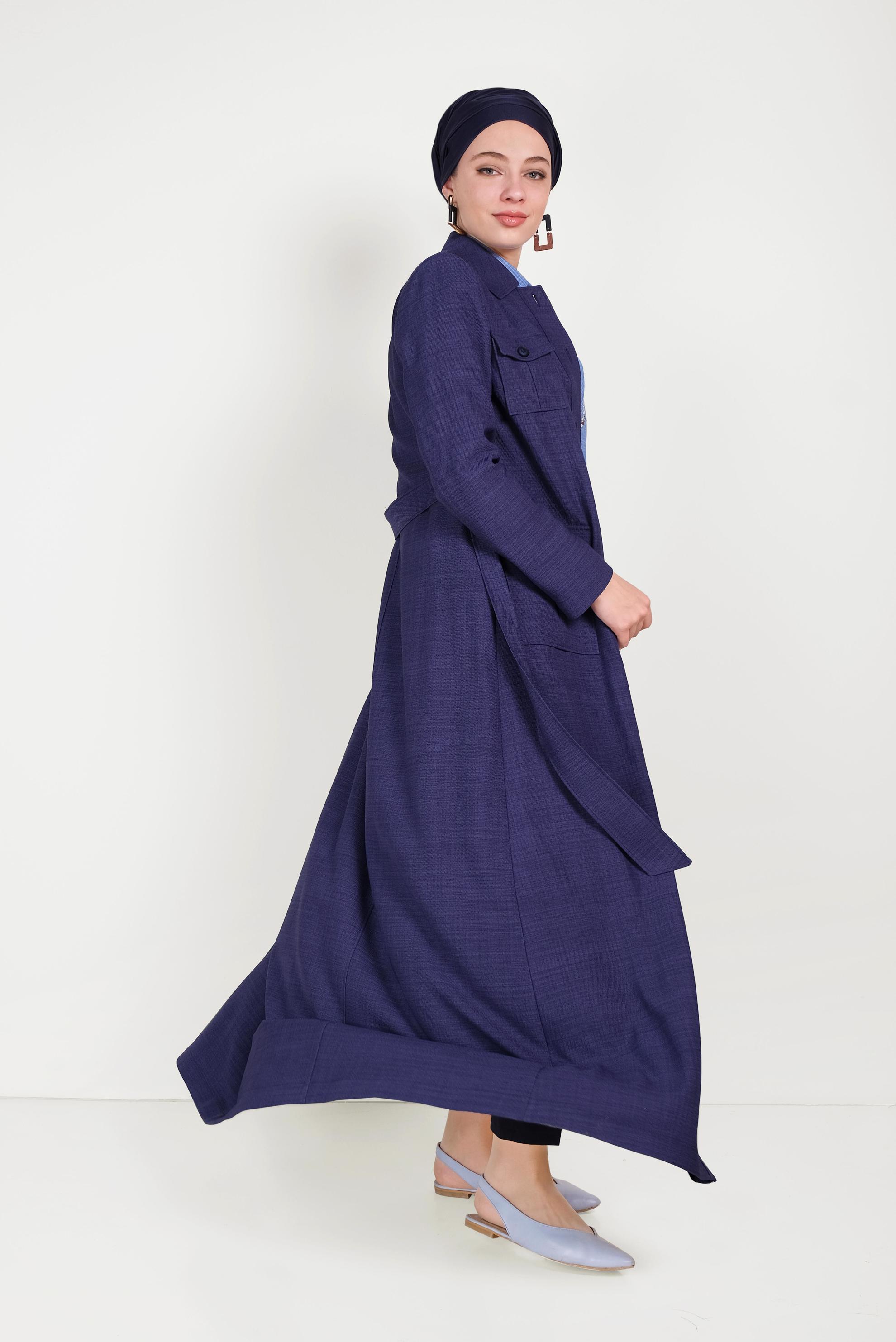 Tesettür giyim LACİVERT KUŞAKLI DÜĞMELİ PARDESÜ 10163