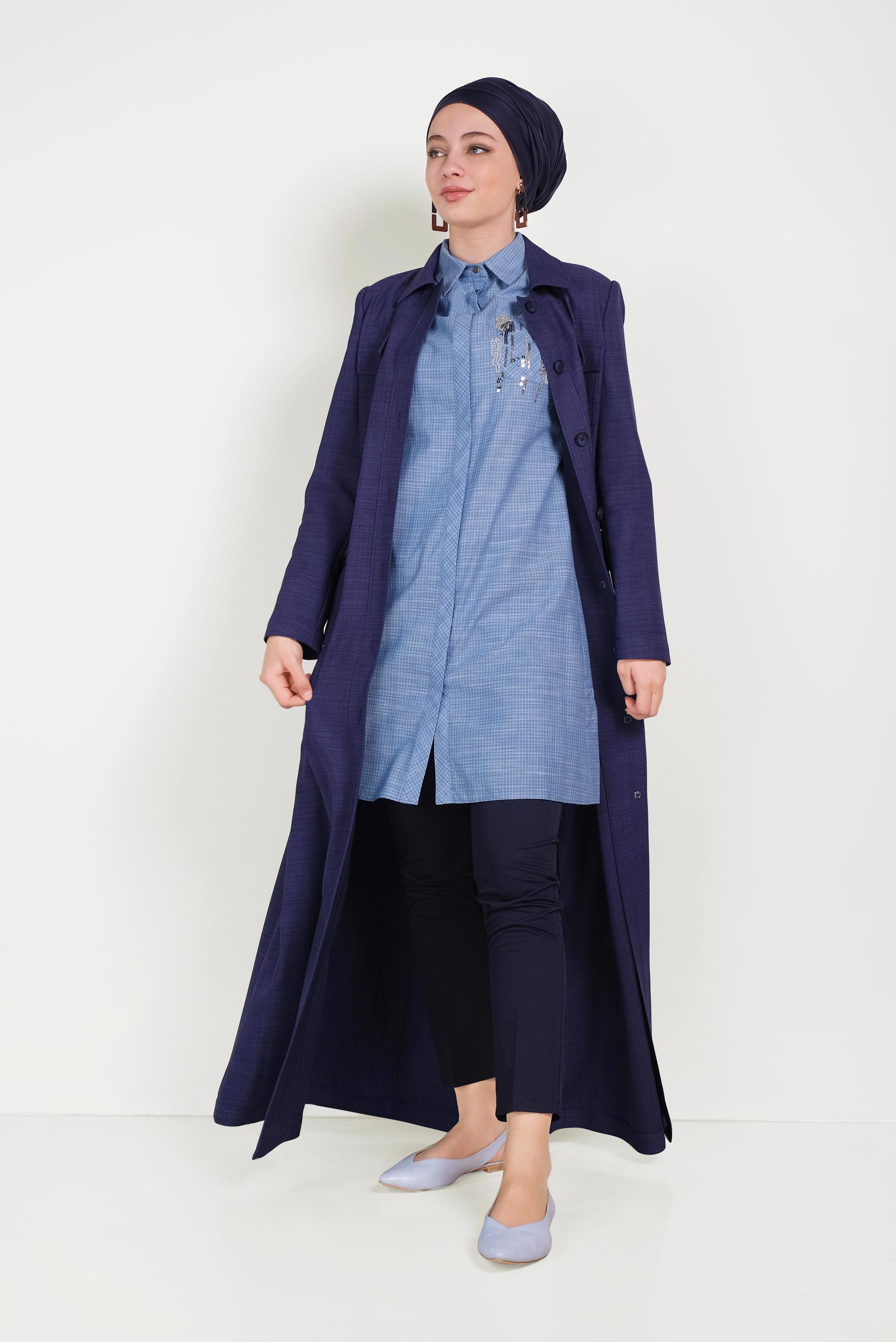 Tesettür giyim LACİVERT KUŞAKLI DÜĞMELİ PARDESÜ 10163