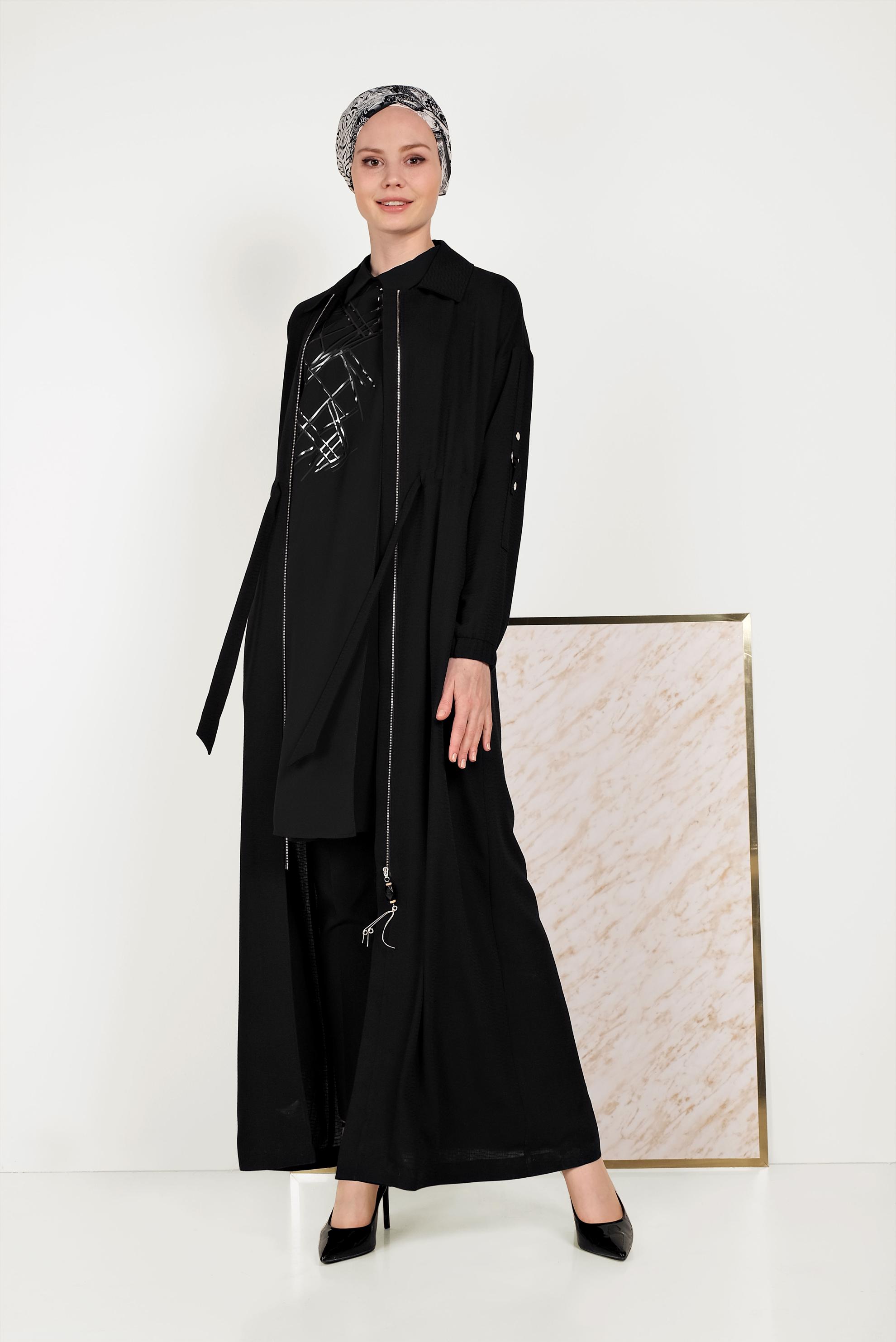 Tesettür giyim SİYAH ERKEK YAKA FERMUARLI LASTİKLİ PARDESÜ 10164