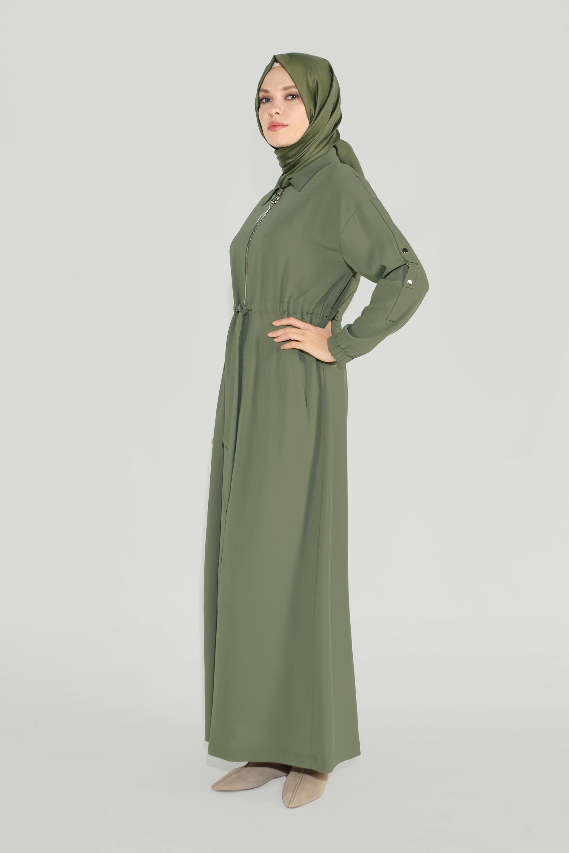 Tesettür giyim HAKİ ERKEK YAKA FERMUARLI LASTİKLİ PARDESÜ 10164