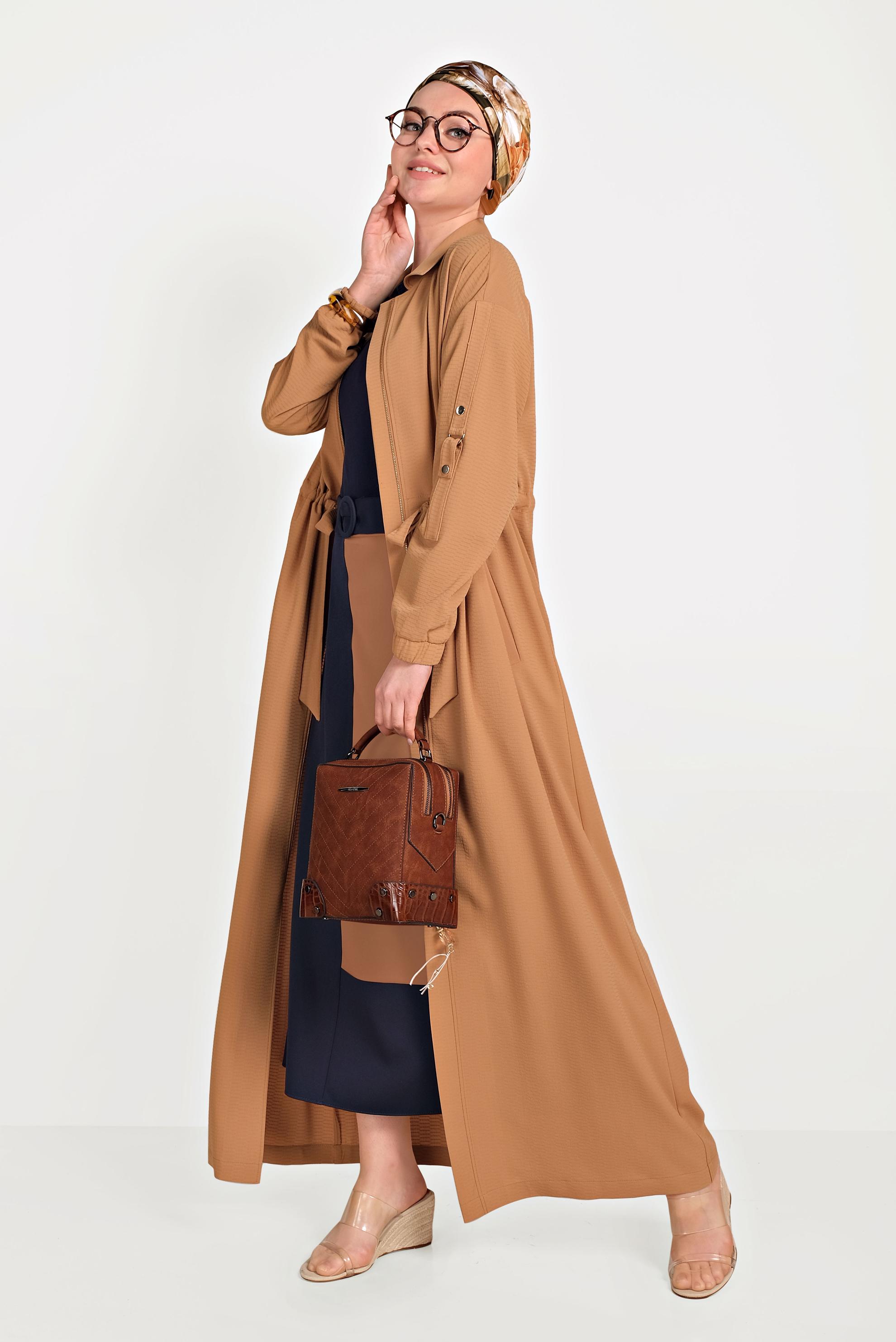 Tesettür giyim KAHVE ERKEK YAKA FERMUARLI LASTİKLİ PARDESÜ 10164