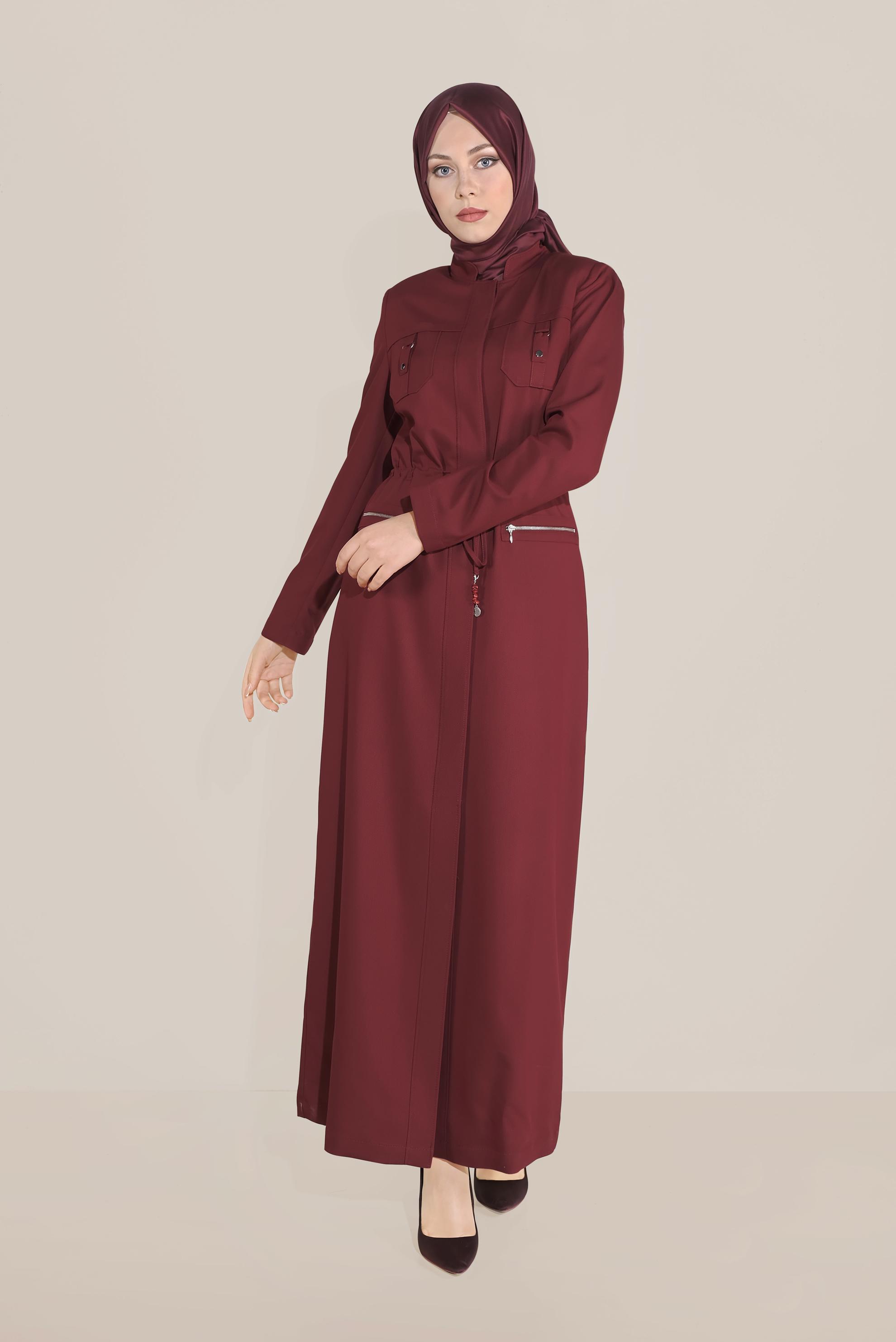Tesettür giyim BORDO BÜZGÜLÜ HAKİM YAKA PARDESÜ 10165