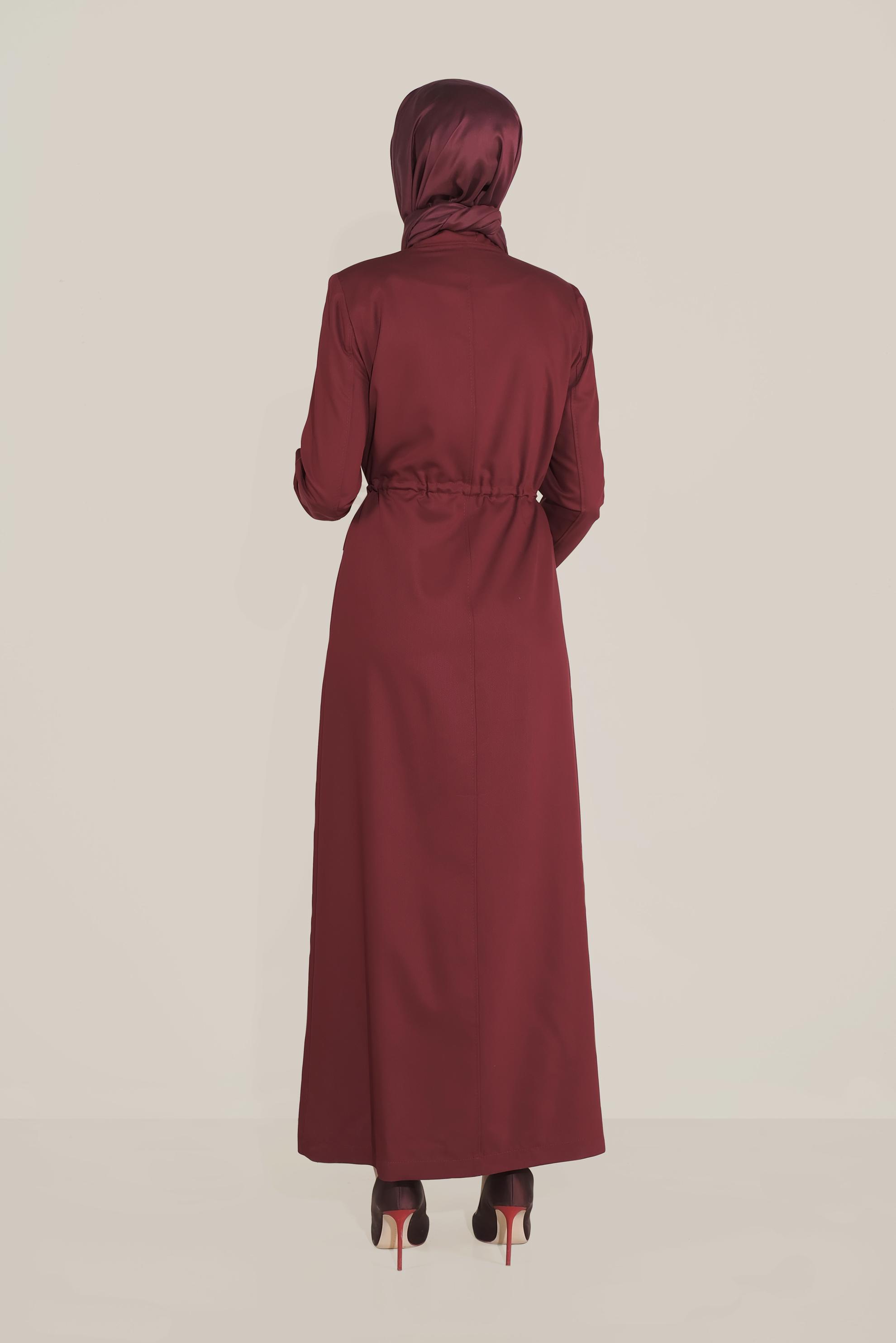 Tesettür giyim BORDO BÜZGÜLÜ HAKİM YAKA PARDESÜ 10165