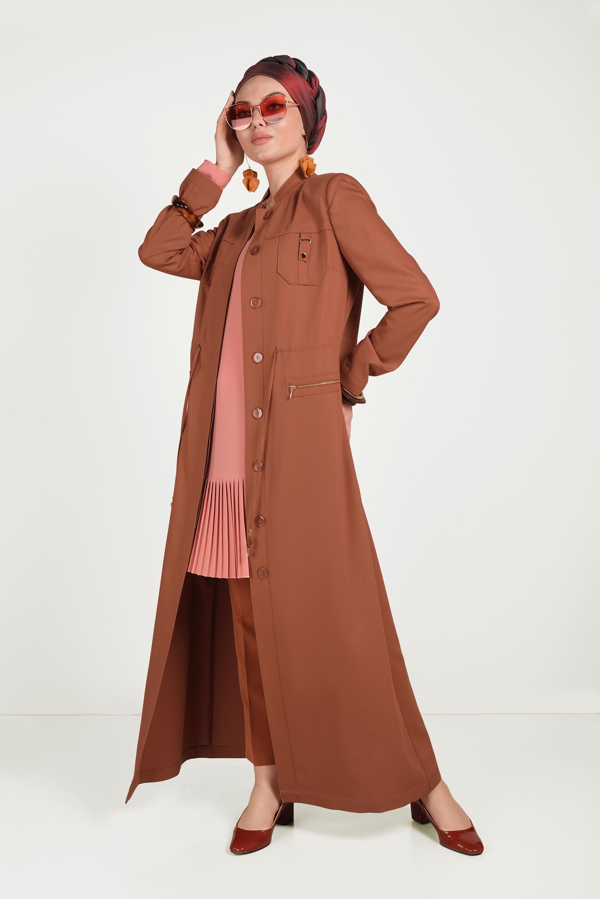 Tesettür giyim TURUNCU BÜZGÜLÜ HAKİM YAKA PARDESÜ 10165