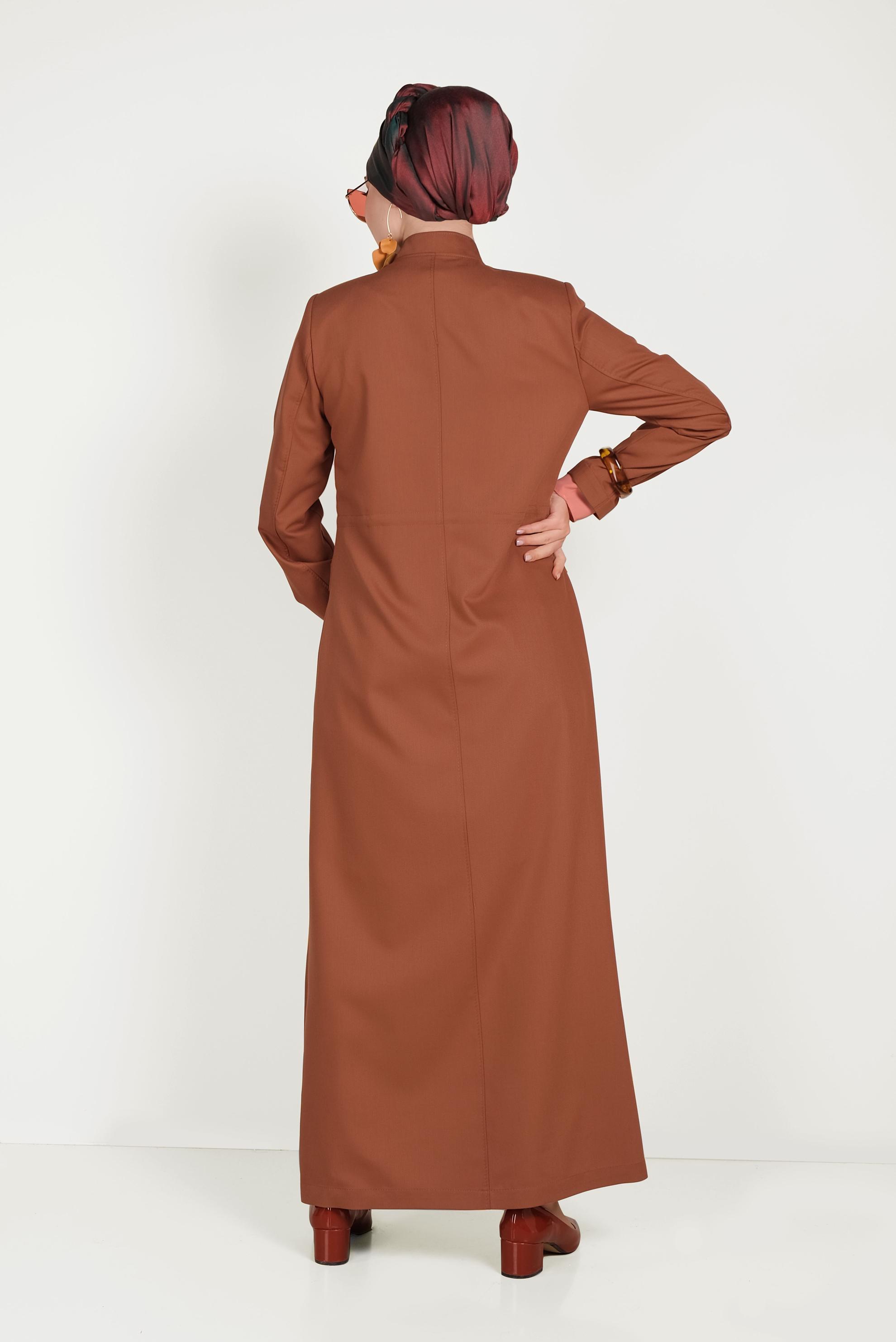 Tesettür giyim TURUNCU BÜZGÜLÜ HAKİM YAKA PARDESÜ 10165