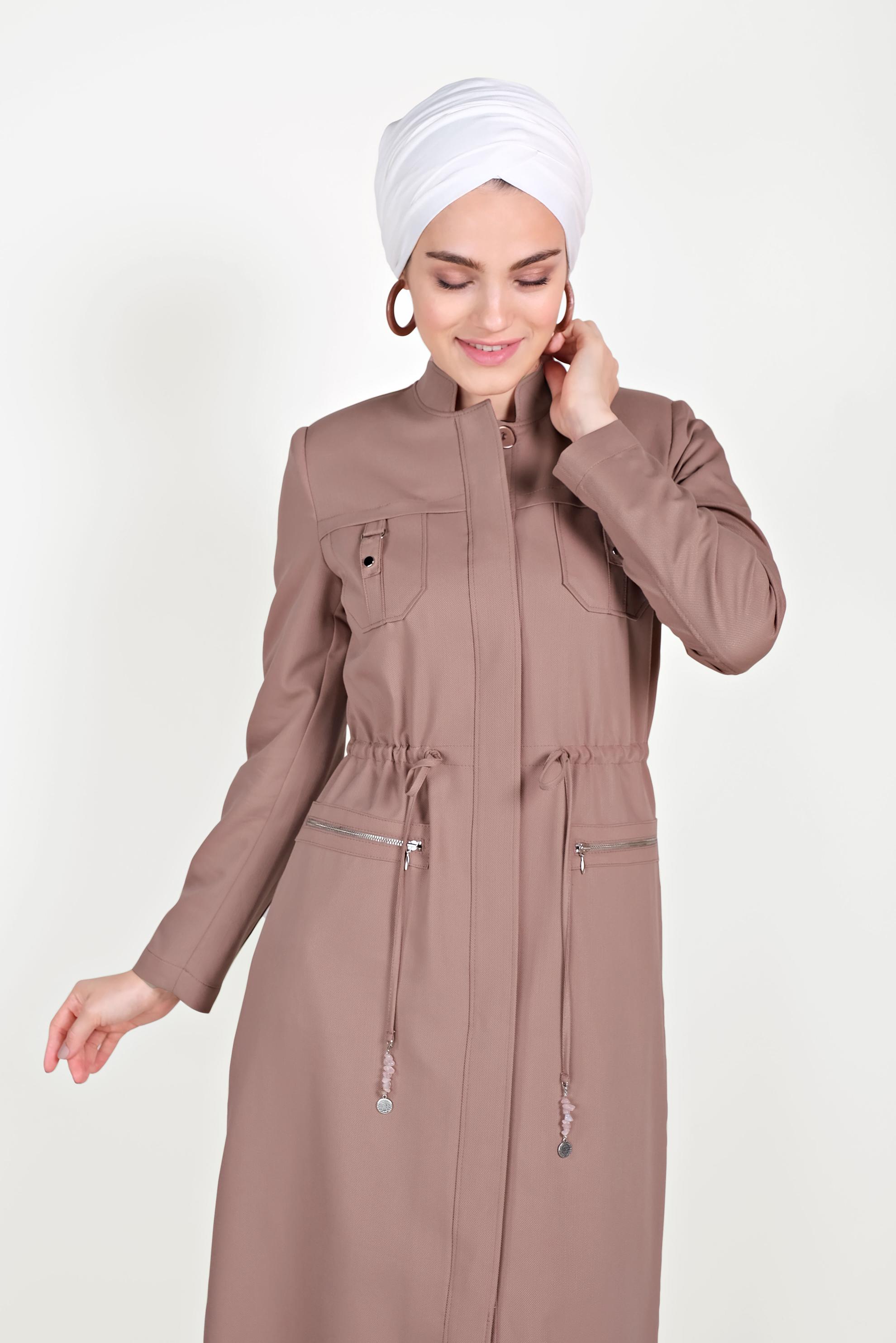 Tesettür giyim PEMBE BÜZGÜLÜ HAKİM YAKA PARDESÜ 10165