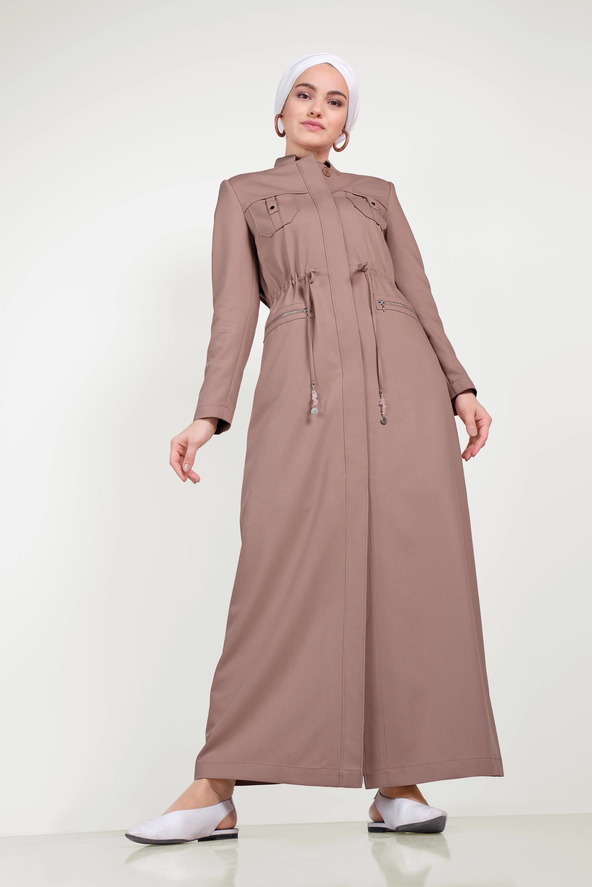 Tesettür giyim PEMBE BÜZGÜLÜ HAKİM YAKA PARDESÜ 10165