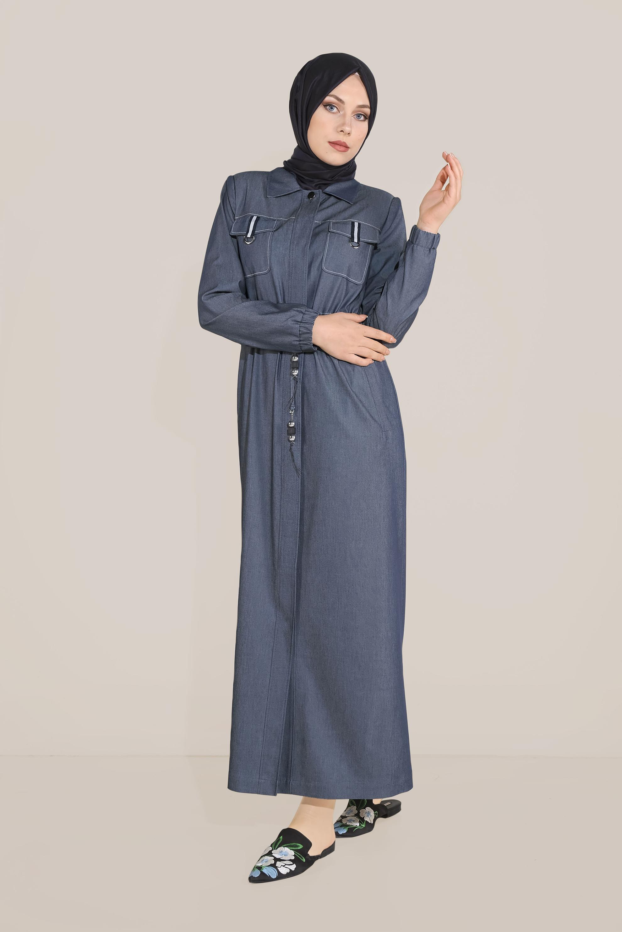 Tesettür giyim LACİVERT BELDEN BAĞCIKLI CEPLİ PARDESÜ 10166